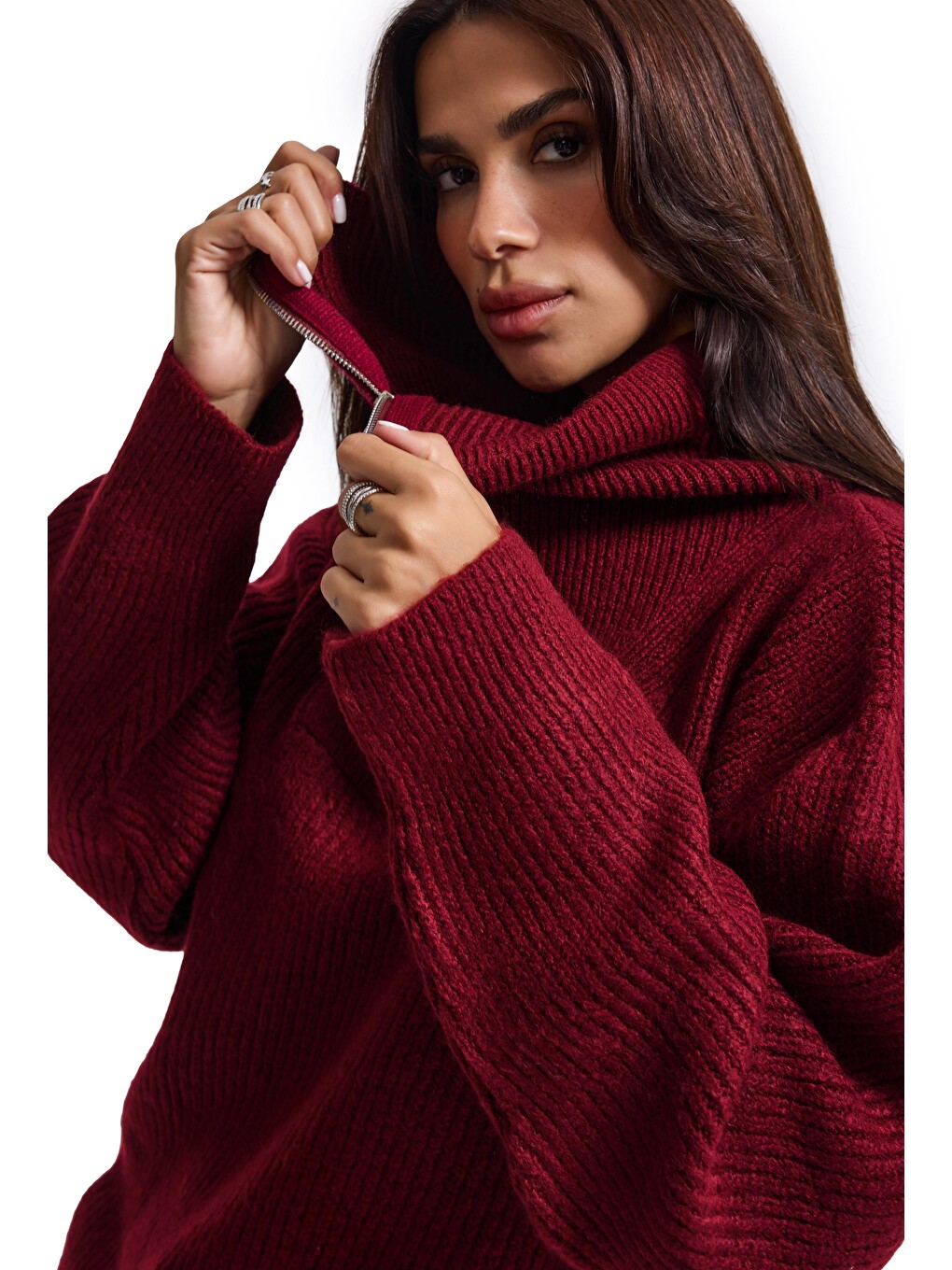 Kadın Bordo W6-35 Oversize Fermuarlı Triko Kazak-2