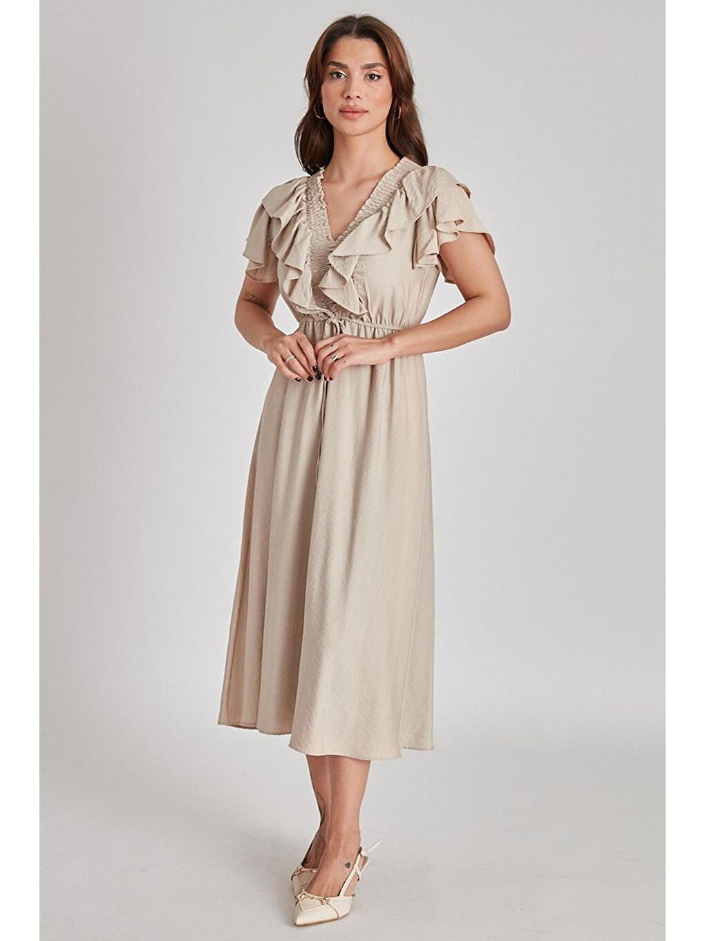 Bej V Yaka Gipeli Elbise MG1842