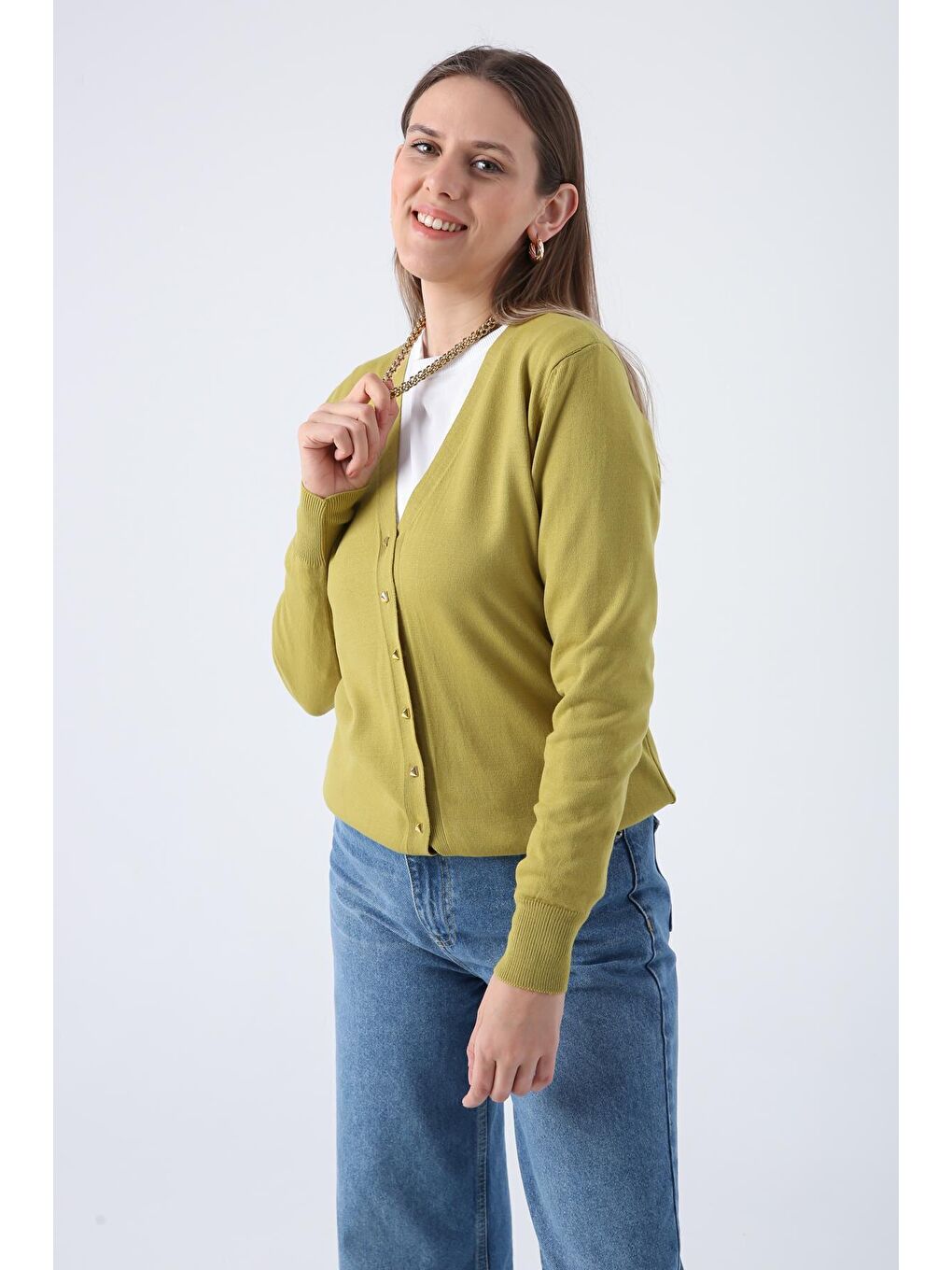 Yağ Yeşili V Yaka Kısa Triko Hırka-4