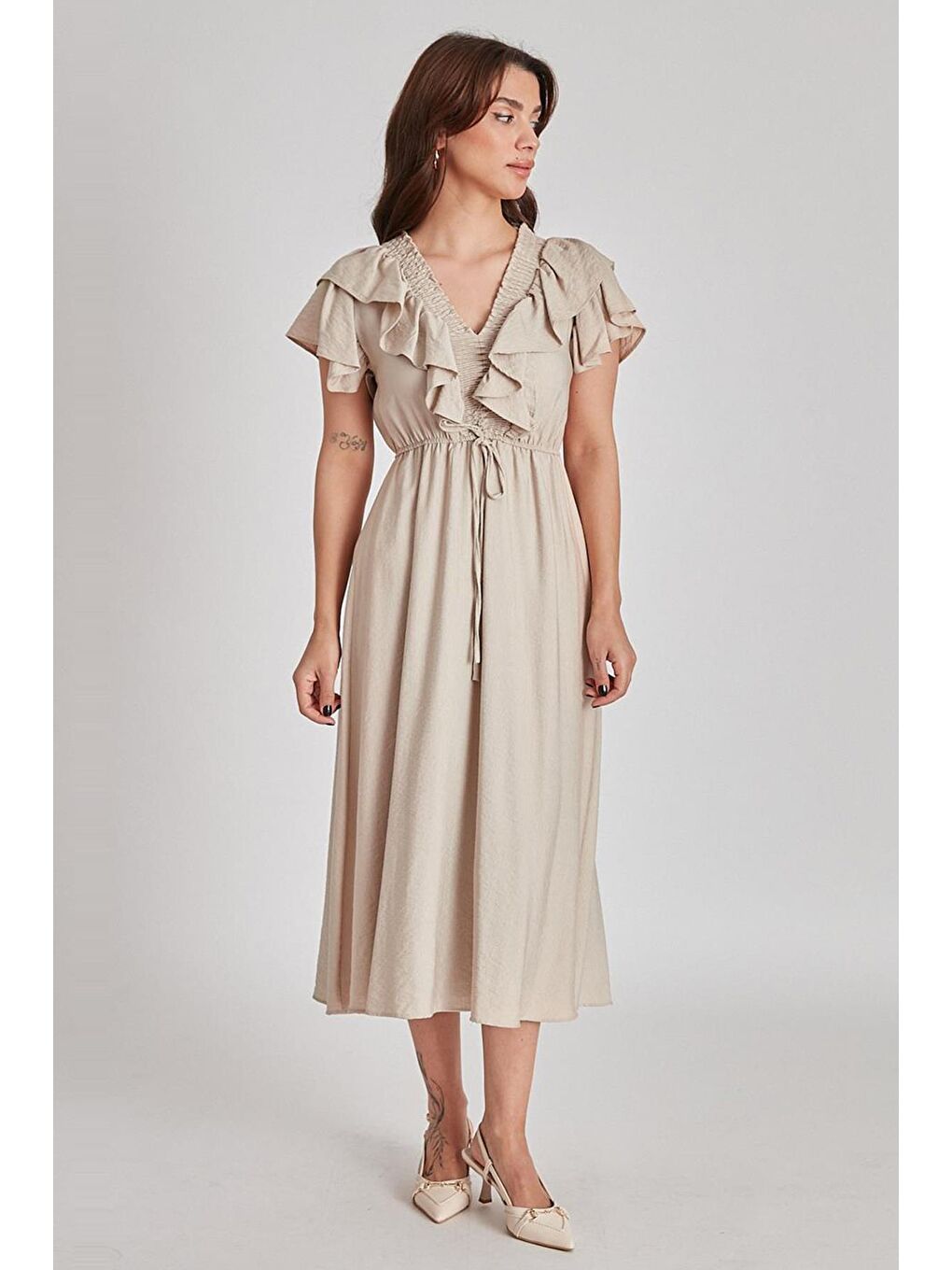 Bej V Yaka Gipeli Elbise MG1842-2