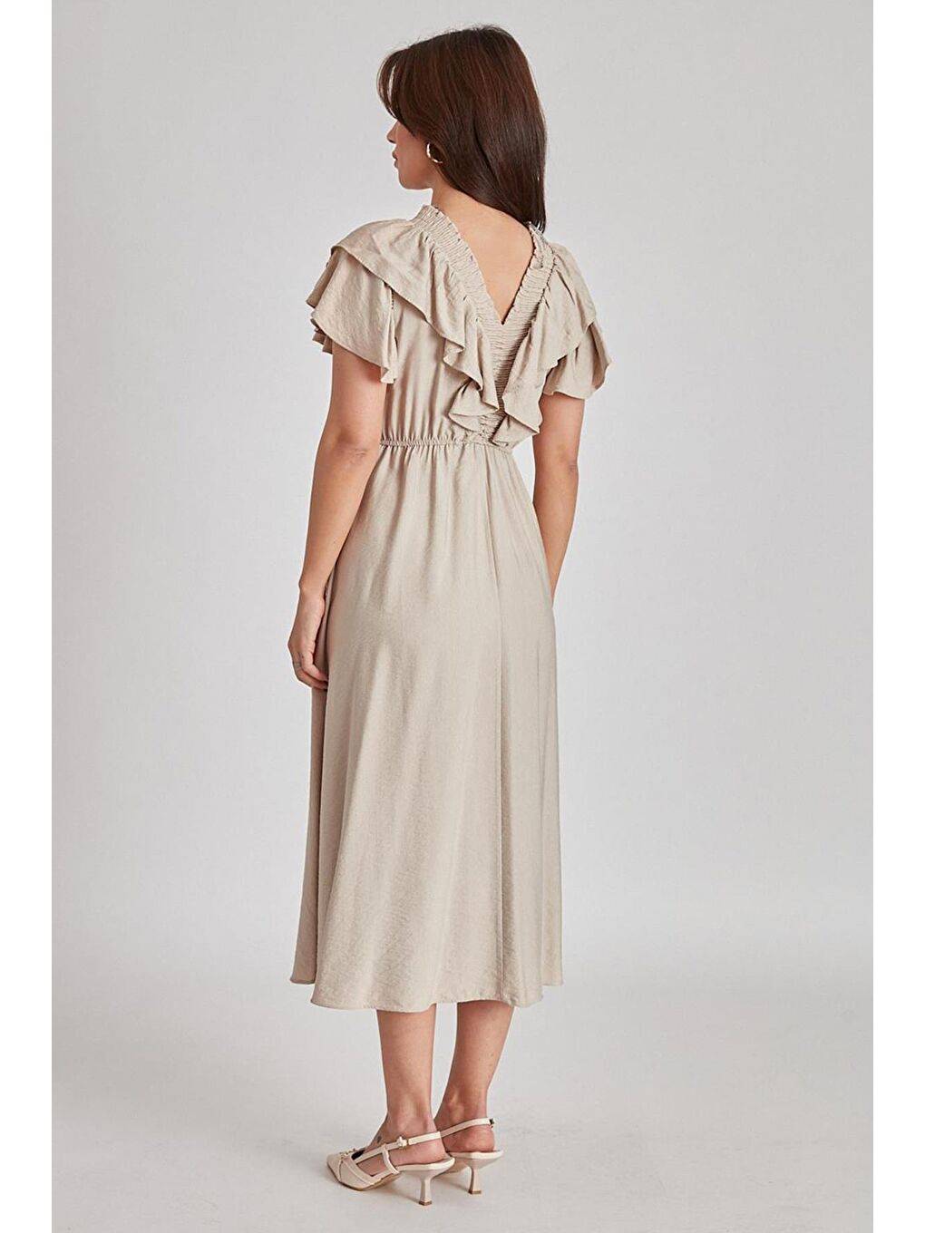 Bej V Yaka Gipeli Elbise MG1842-3