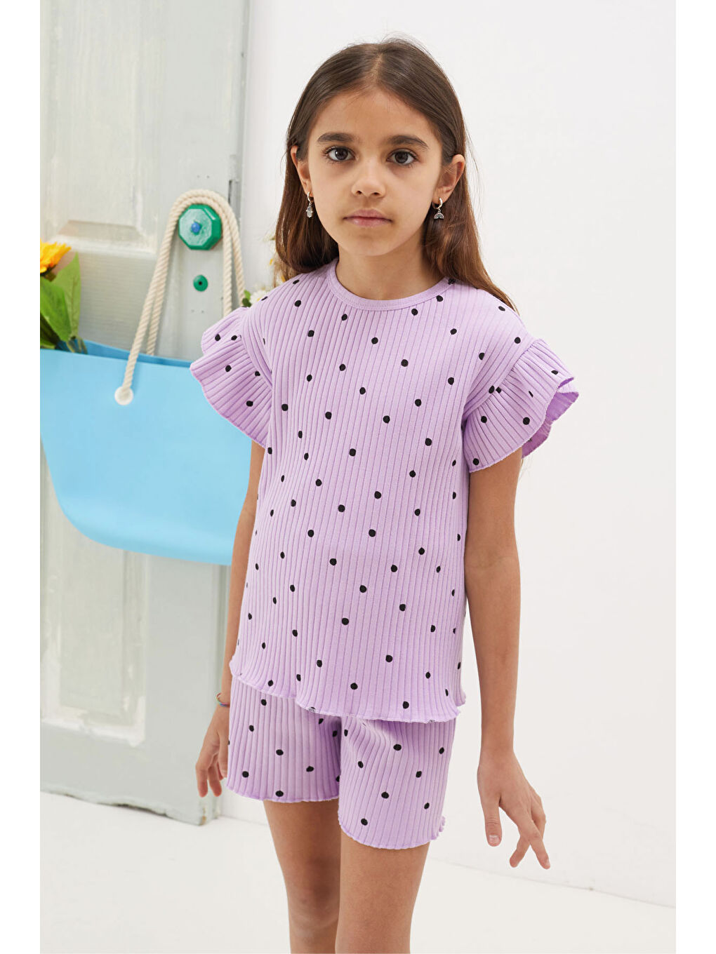 Lila Puantiyeli Şortlu Bluzlu Kız Çocuk Takım 18676-1