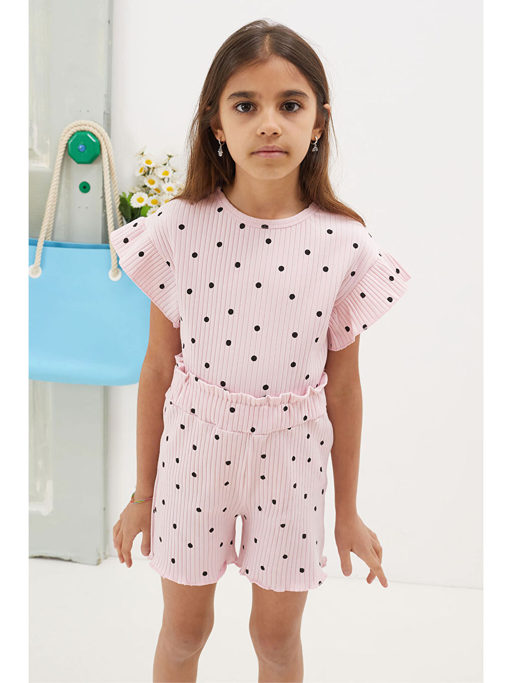 Pembe Puantiyeli Şortlu Bluzlu Kız Çocuk Takım 18677-1