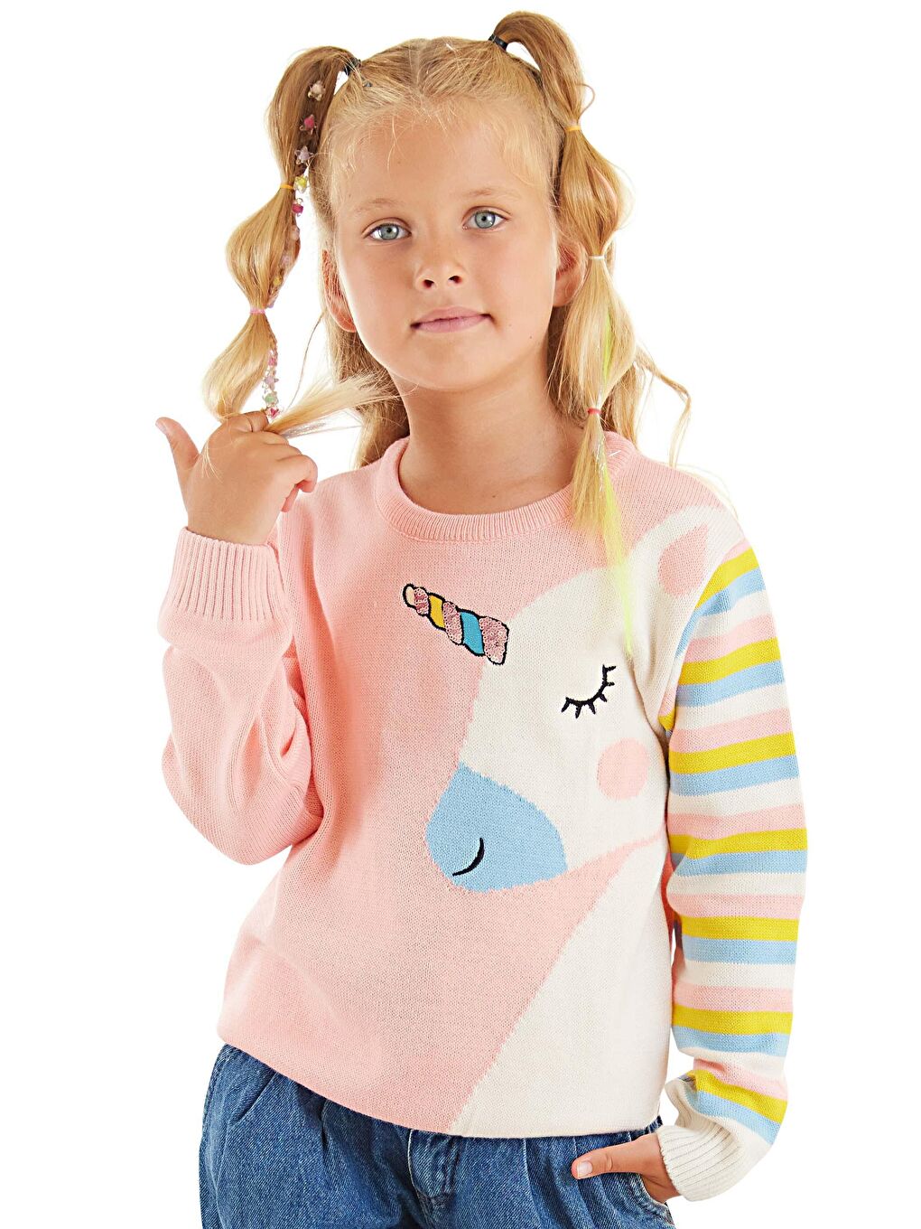 Denokids Pembe Unicorn Kız Çocuk Pembe Triko Kazak