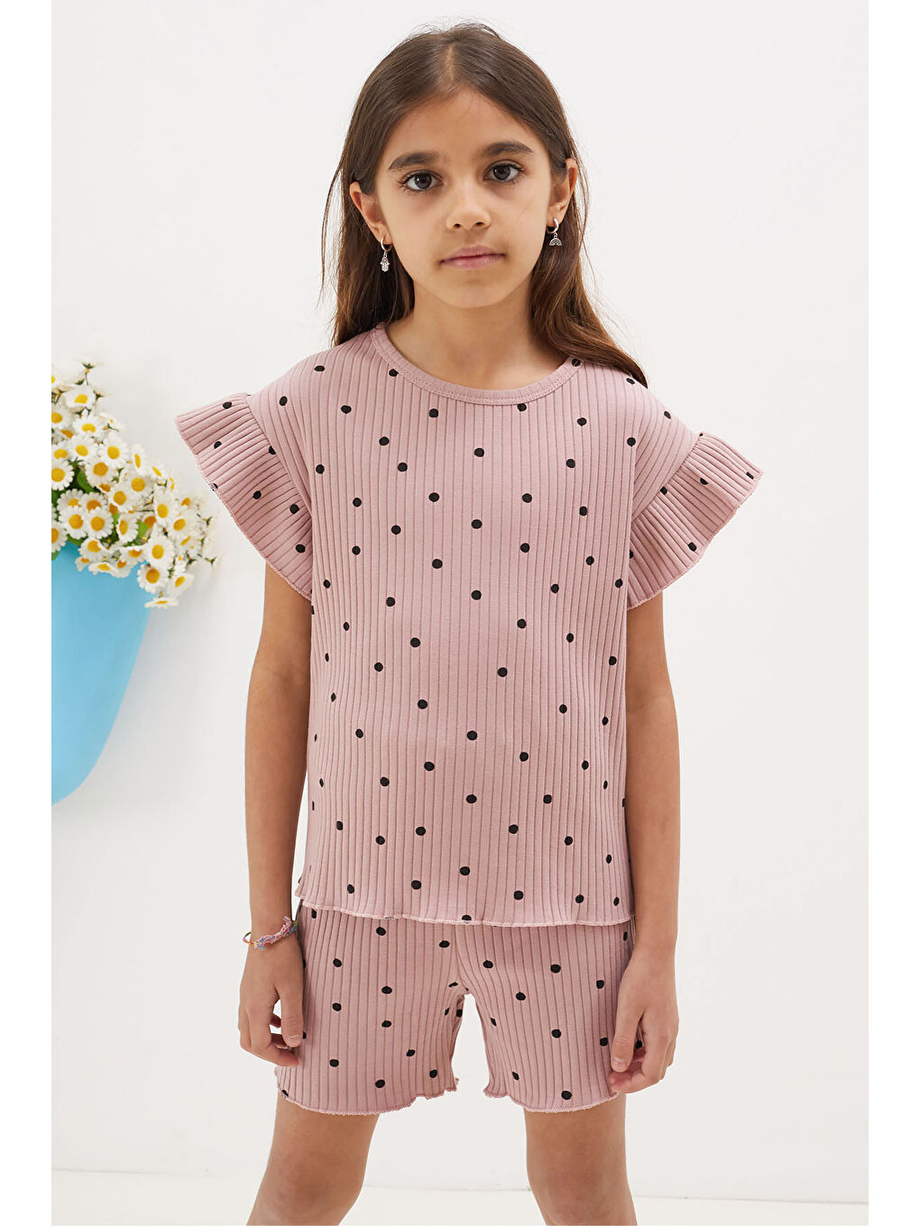 Pembe Gül Kurusu Puantiyeli Şortlu Bluzlu Kız Çocuk Takım 18675-1