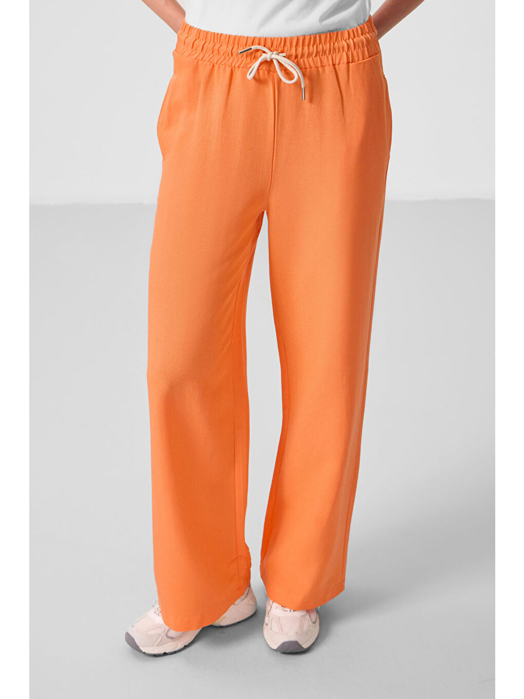 Turuncu Oranj Keten Geniş Paça Rahat Form Kadın Palazzo Pantolon - 94675-2