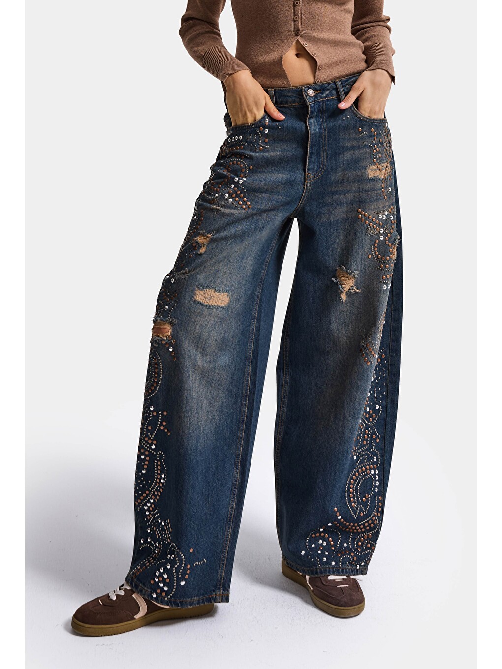 Mavi Kadın Koyu Jean T-10w6-8 Palazzo Fit Taş Ve Drop Detaylı Özel Tsarım Denim Jean