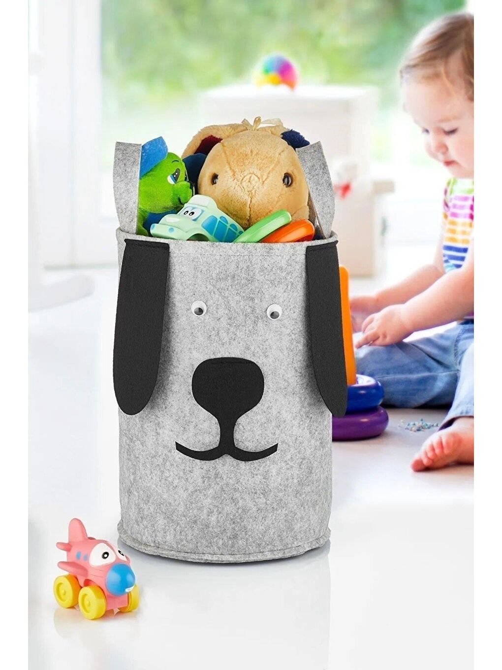 Gri Keçe Köpek Figürlü Keçe Oyuncak Saklama Kutusu - Kirli Çamaşır Sepeti 48 x 35 cm-1