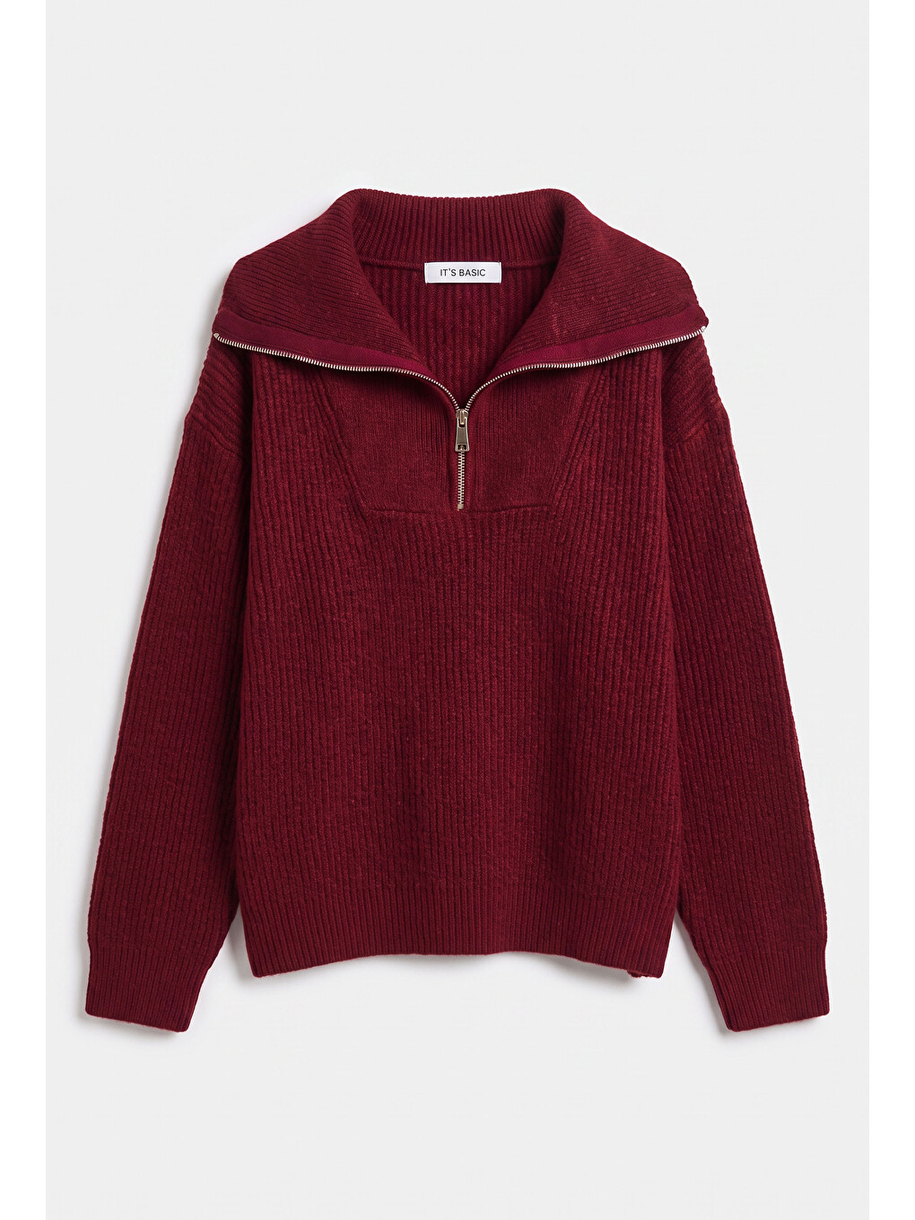 Kadın Bordo W6-35 Oversize Fermuarlı Triko Kazak-3