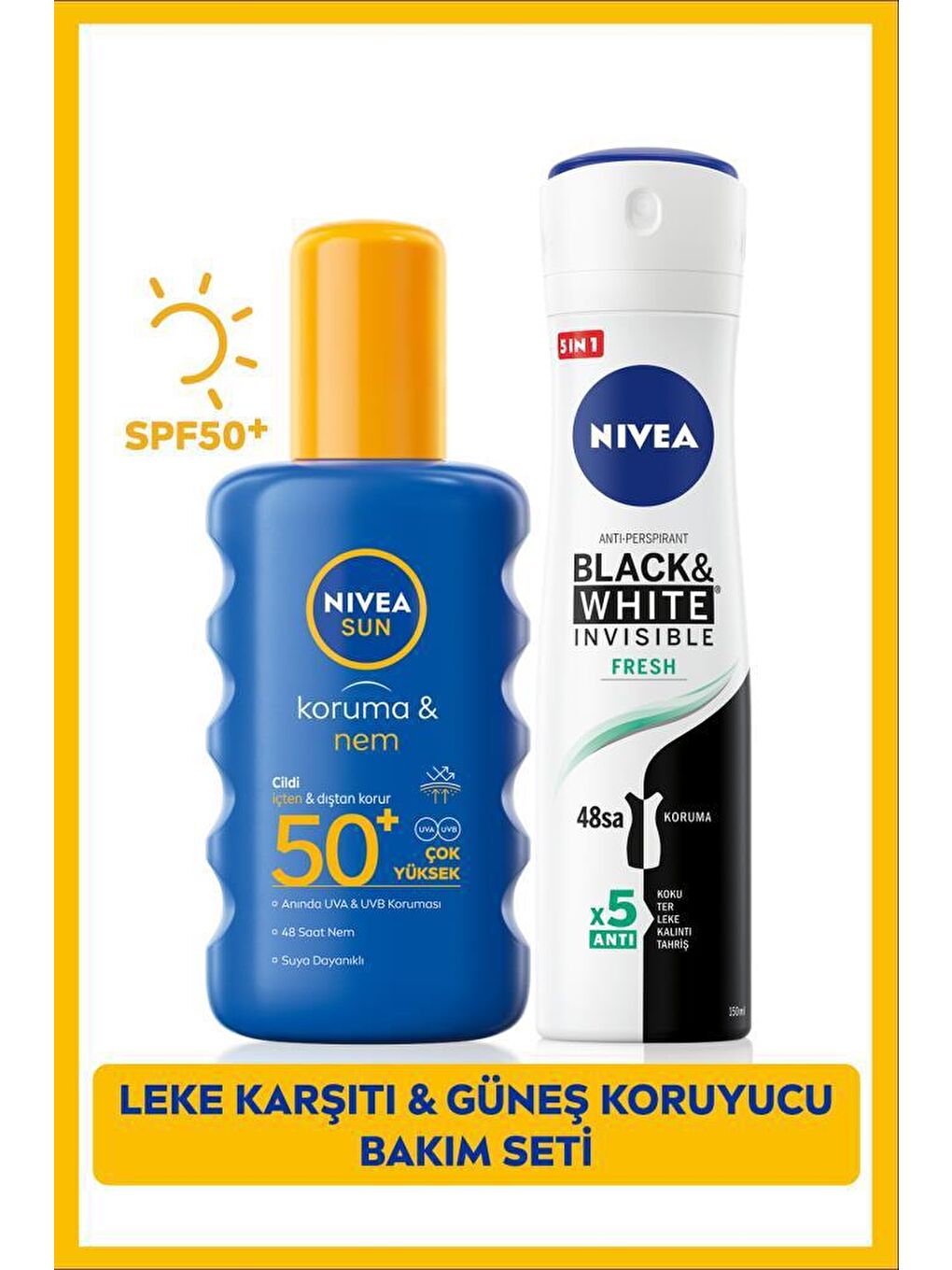 NIVEA Şeffaf Güneş Koruyucu & Nemlendirici Sprey SPF 50+ 200 ml B&W Fresh Kadın Deo 150 ml