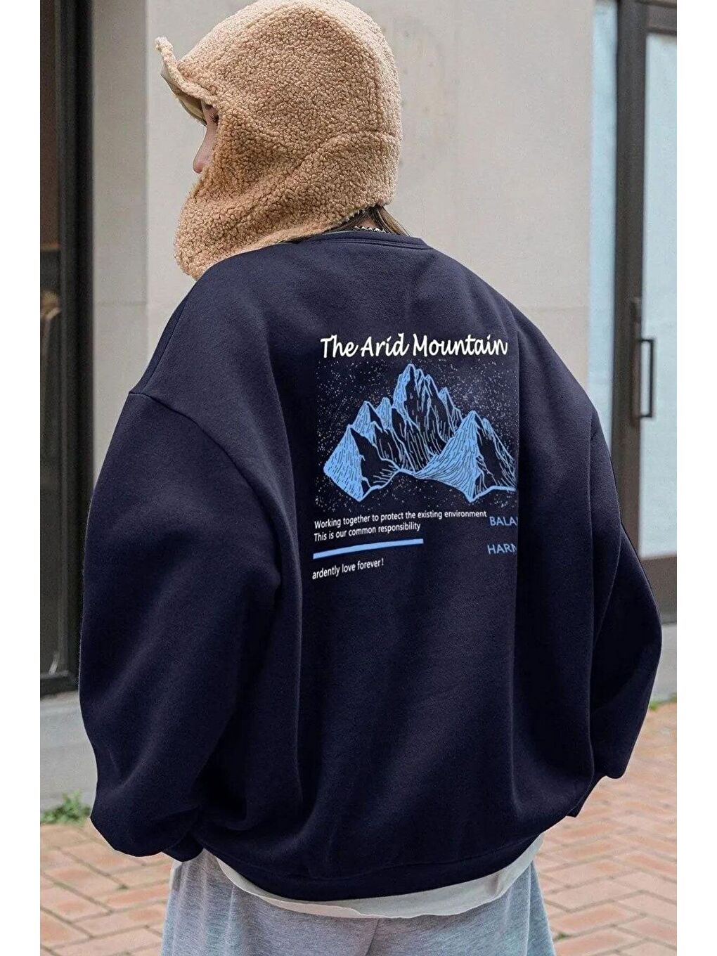 Kadın Lacivert Arid Mountain Baskılı Oversize Sweatshirt