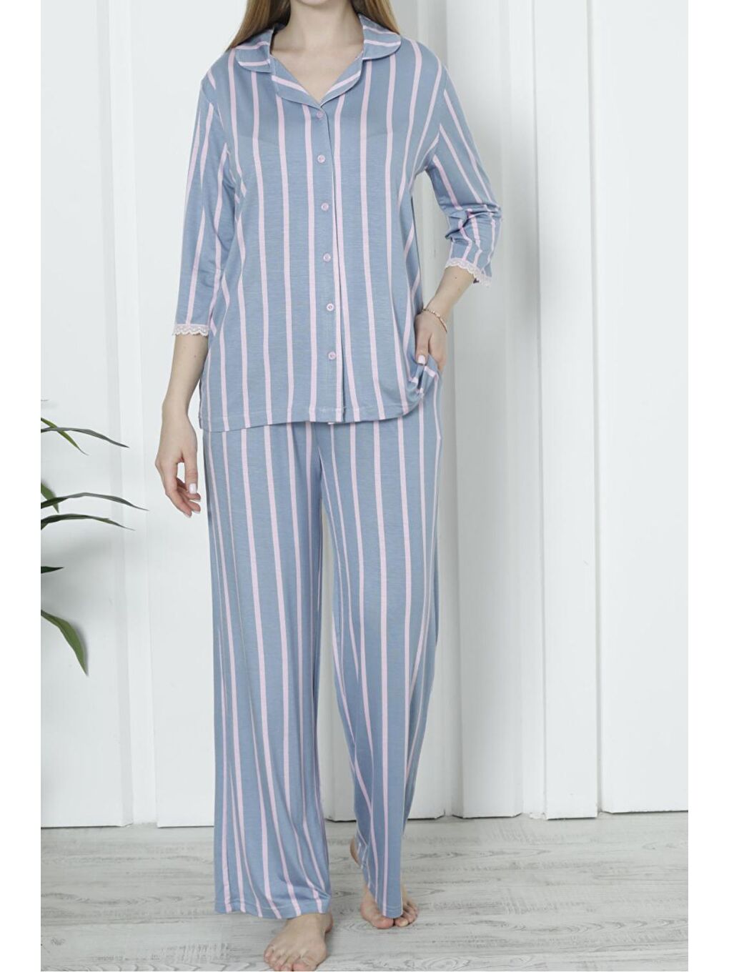 Mavi Kadın Pijama Takımı Cepli Düğmeli Elastanlı Viskon MAVİ