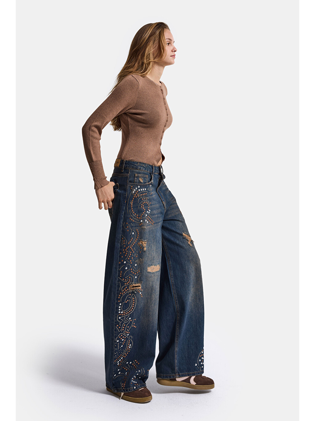 Mavi Kadın Koyu Jean T-10w6-8 Palazzo Fit Taş Ve Drop Detaylı Özel Tsarım Denim Jean-3