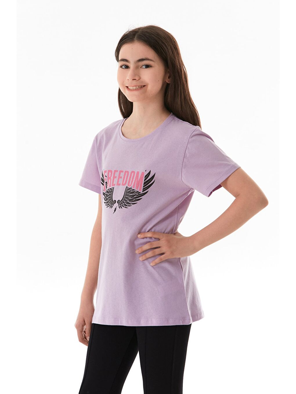 Lila %100 Pamuk Freedom Yazı Baskılı Kız Çocuk Tişört-4