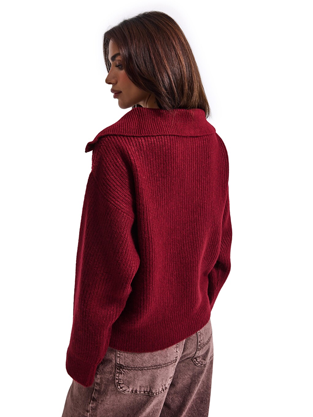 Kadın Bordo W6-35 Oversize Fermuarlı Triko Kazak-4