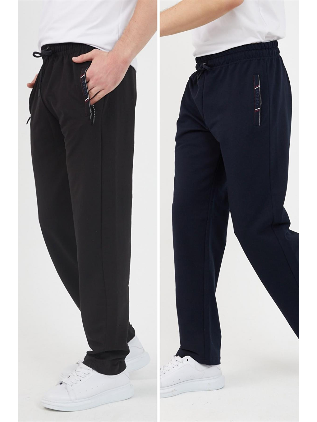 Siyah-Lacivert Erkek 2'li Fermuar Cep Nakış Detaylı Düz Paça Rahat Kesim Büyük Beden Eşofman Altı