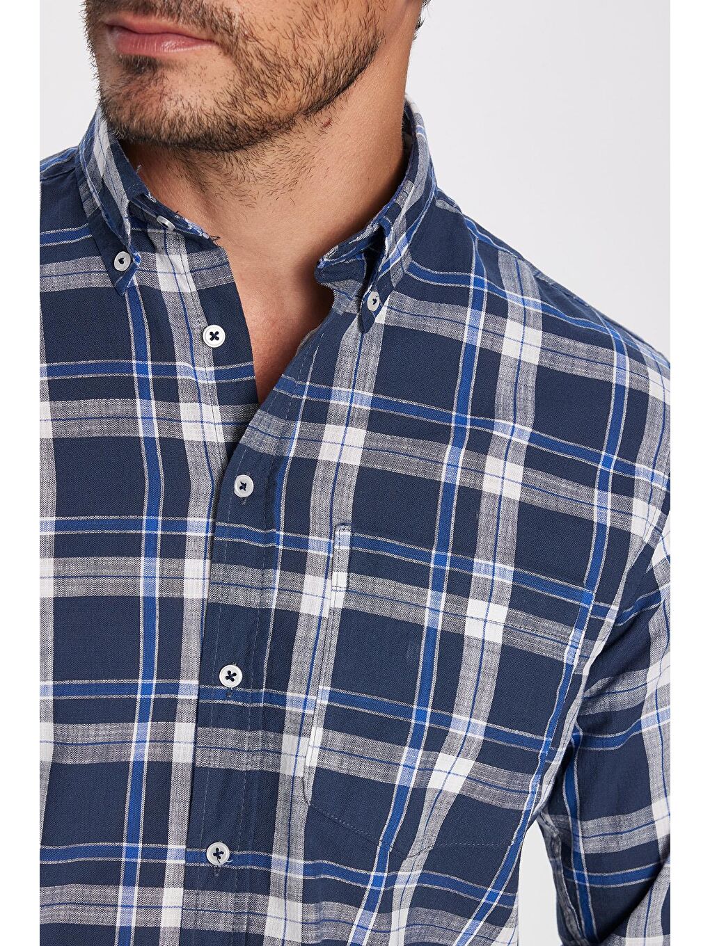 Karışık Erkek Regular Fit Klasik Kesim %100 Pamuk Keten Doku Tek Cepli Kareli Düğmeli Yaka Gömlek-2