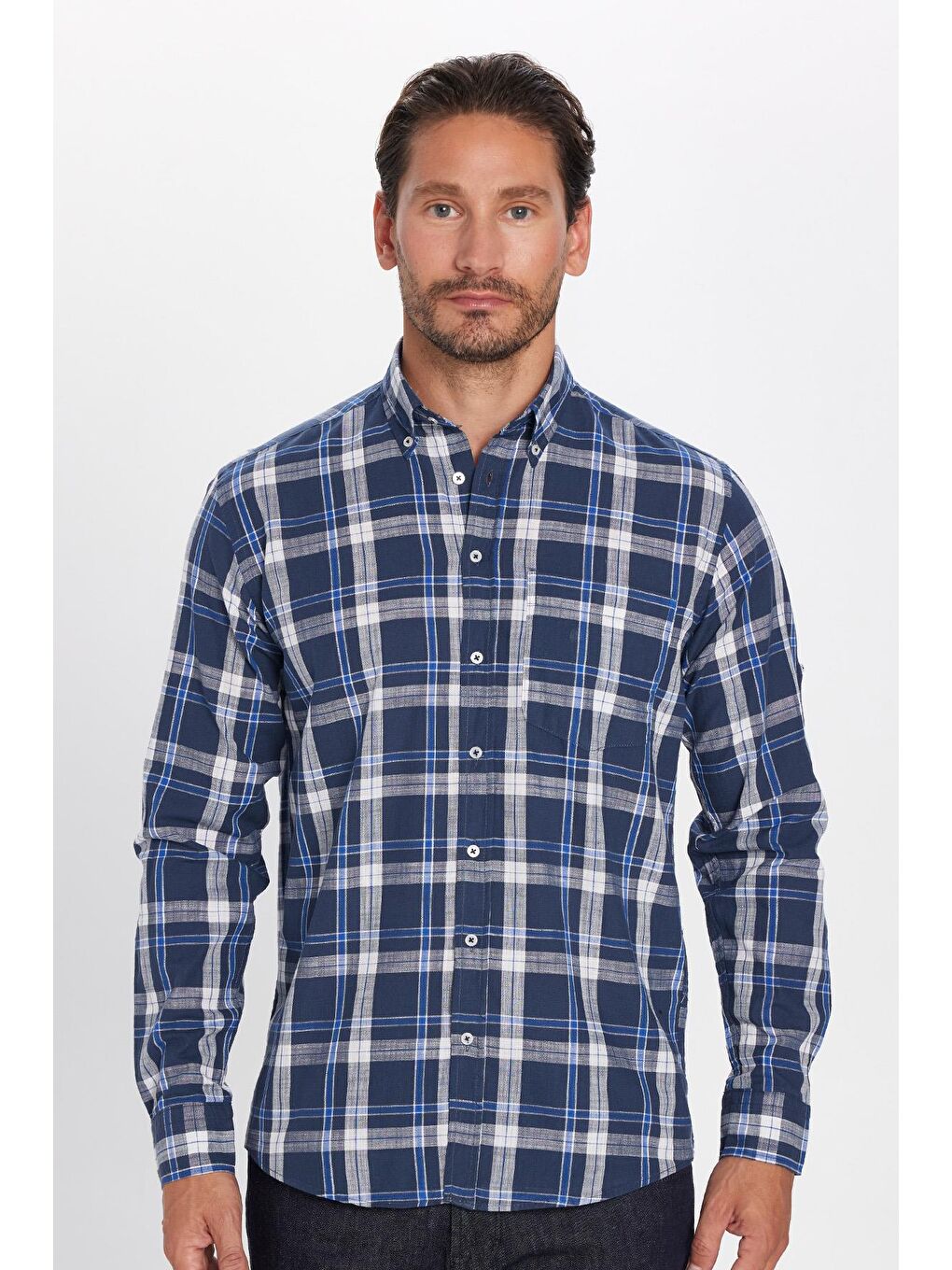 Karışık Erkek Regular Fit Klasik Kesim %100 Pamuk Keten Doku Tek Cepli Kareli Düğmeli Yaka Gömlek-3