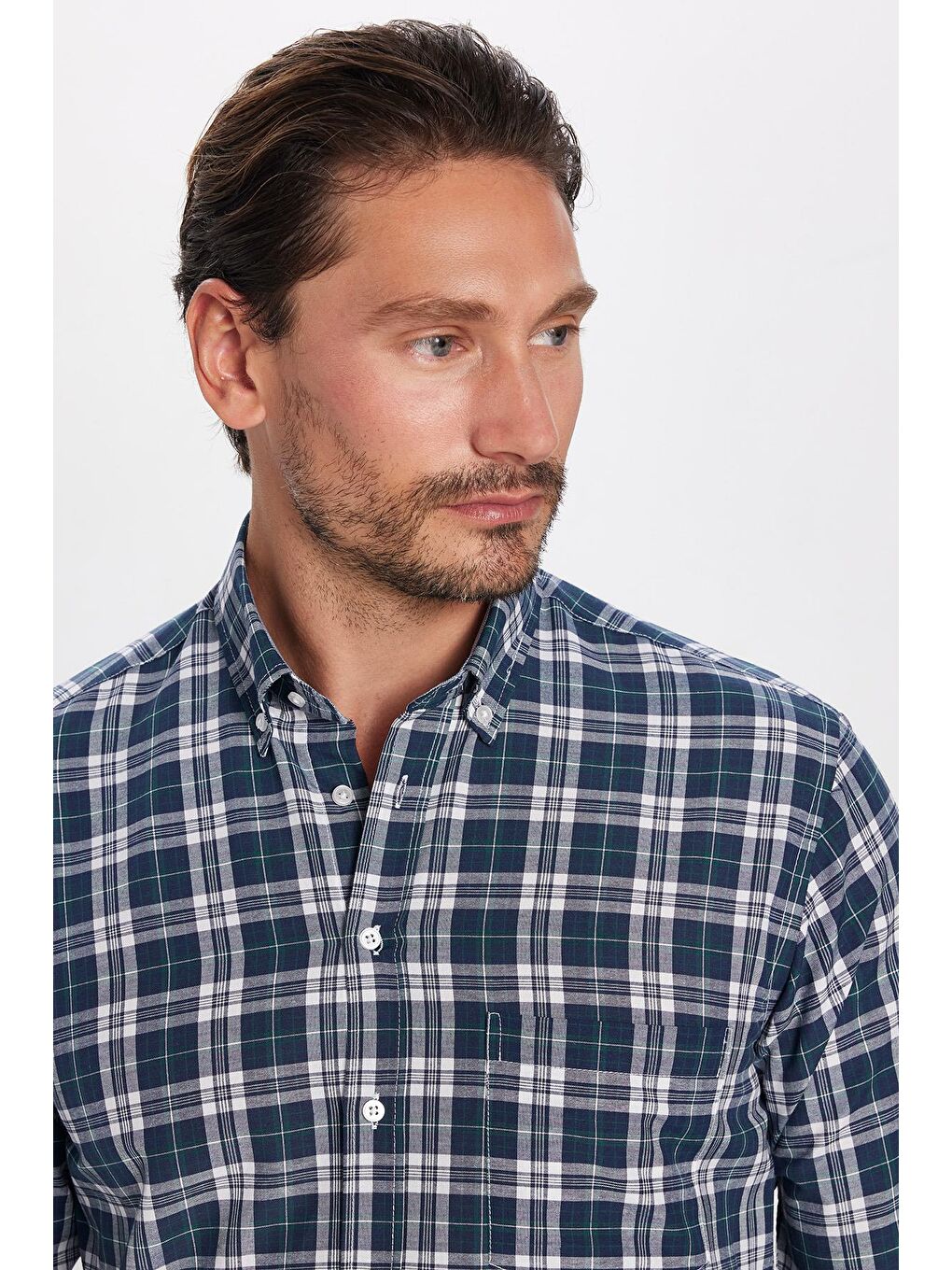 Lacivert Erkek Regular Fit Klasik Kesim Düğmeli Yaka Küçük Kareli Pamuklu Gömlek-1