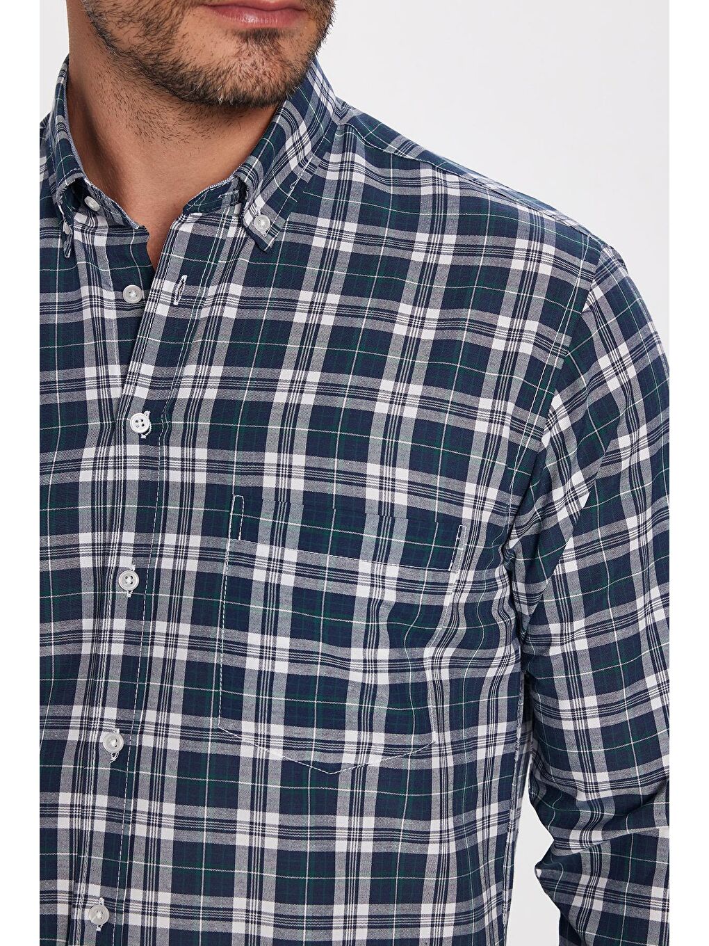 Lacivert Erkek Regular Fit Klasik Kesim Düğmeli Yaka Küçük Kareli Pamuklu Gömlek-2