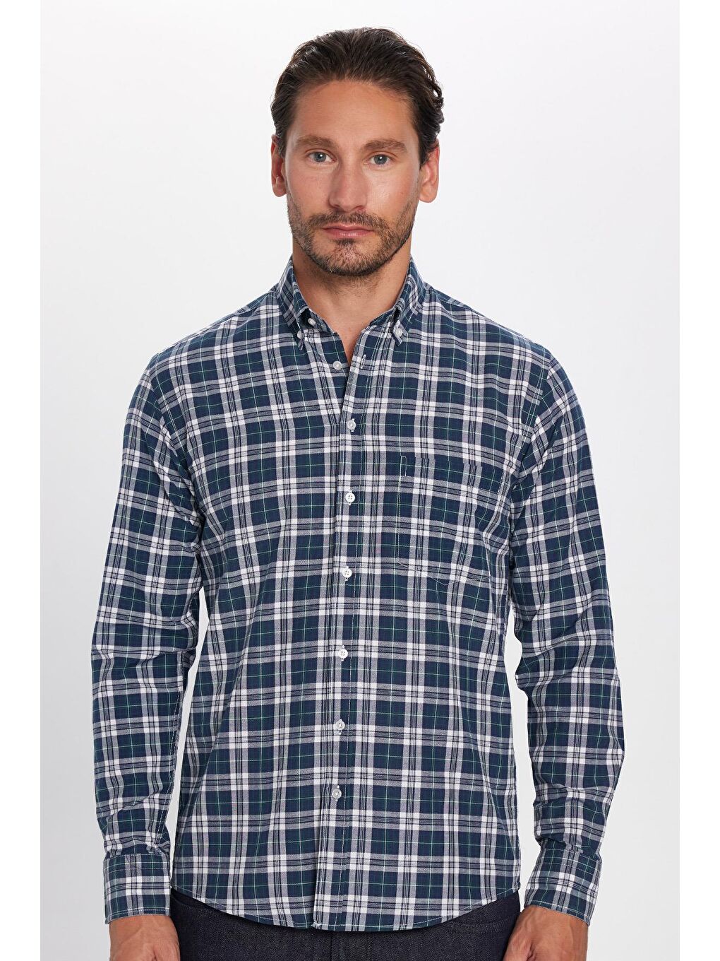 Lacivert Erkek Regular Fit Klasik Kesim Düğmeli Yaka Küçük Kareli Pamuklu Gömlek-4