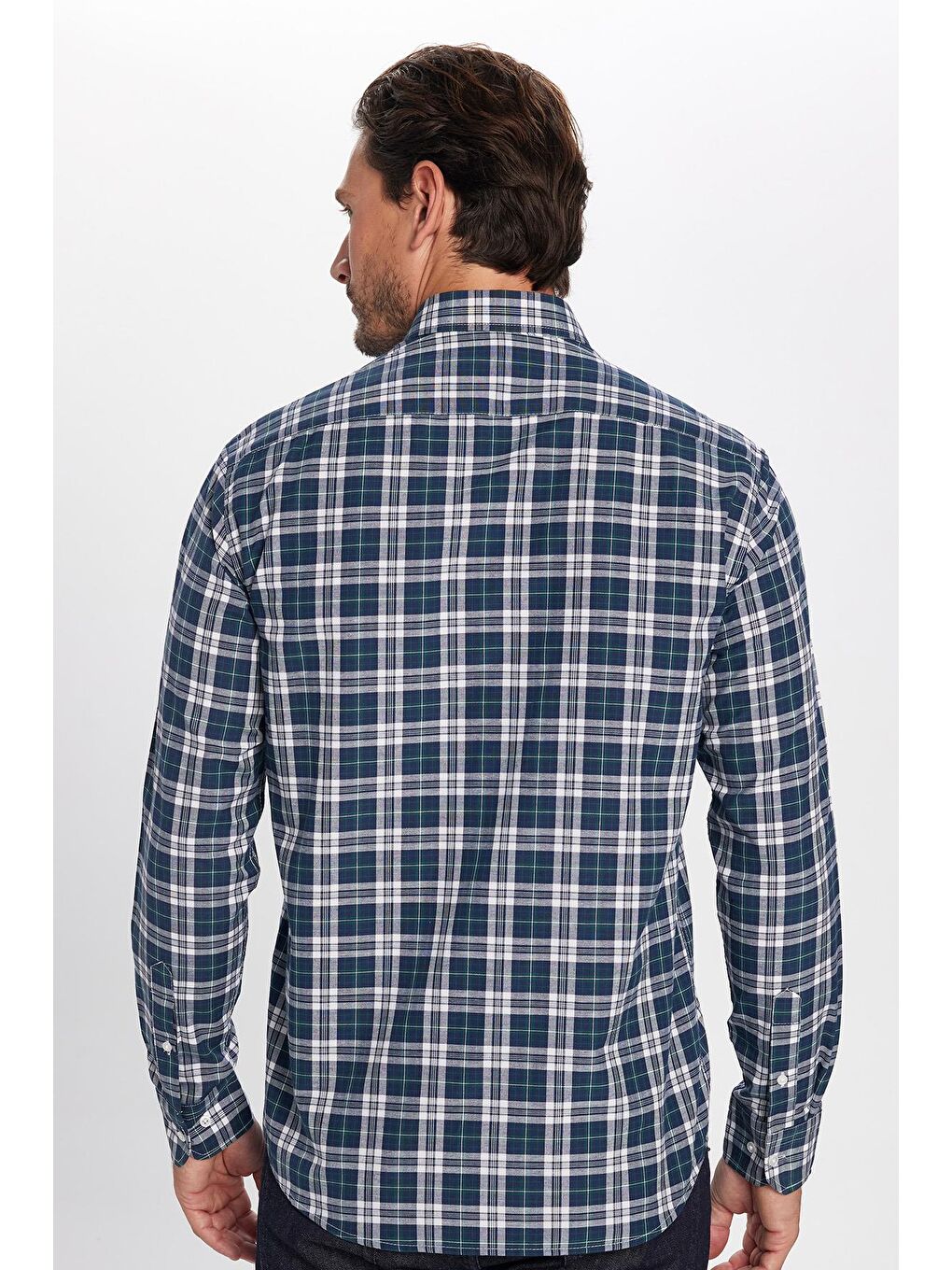 Lacivert Erkek Regular Fit Klasik Kesim Düğmeli Yaka Küçük Kareli Pamuklu Gömlek-5