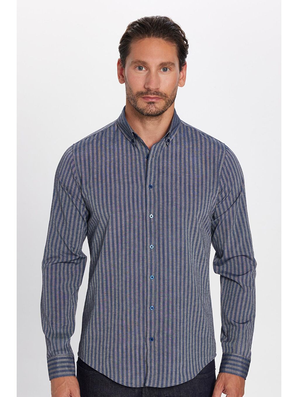 Erkek Slim Fıt Dar Kesim Uzun Kollu Pamuklu Kolay Ütü Çizgili Gri Düğmeli Yaka Gömlek-3