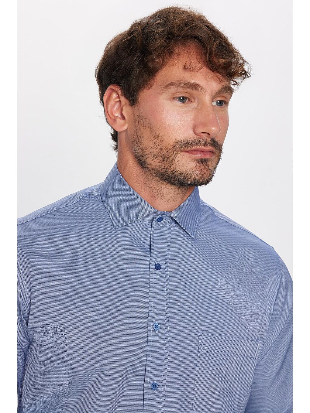 Mavi Erkek Regular Fit Klasik Kesim Tek Cepli Kravatlık Armürlü Gömlek-1