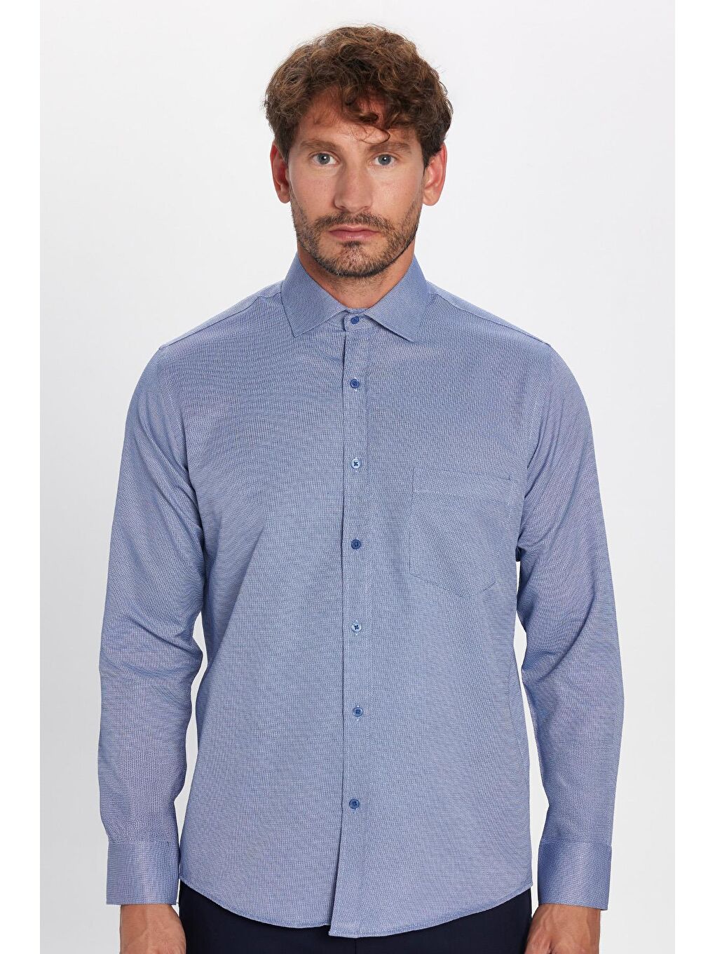 Mavi Erkek Regular Fit Klasik Kesim Tek Cepli Kravatlık Armürlü Gömlek-3