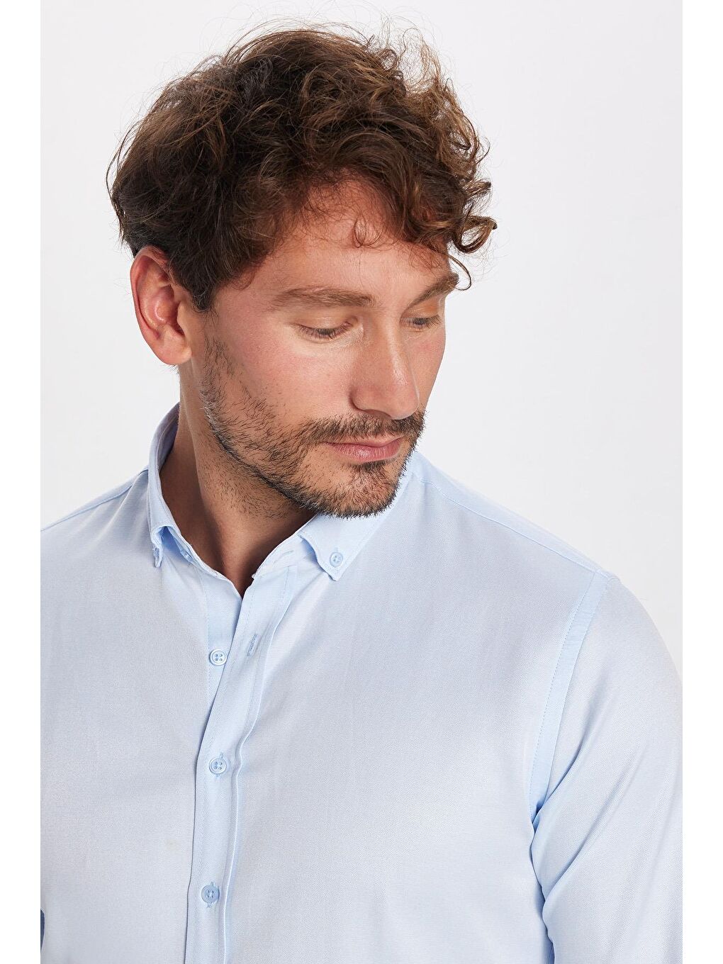 Erkek Slim Fit Dar Kesim Pamuklu Kolay Ütü Mavi Düğmeli Yaka Gömlek-1