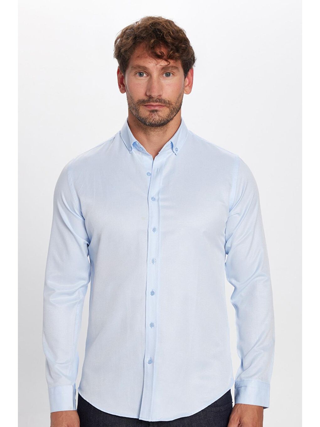 Erkek Slim Fit Dar Kesim Pamuklu Kolay Ütü Mavi Düğmeli Yaka Gömlek-3
