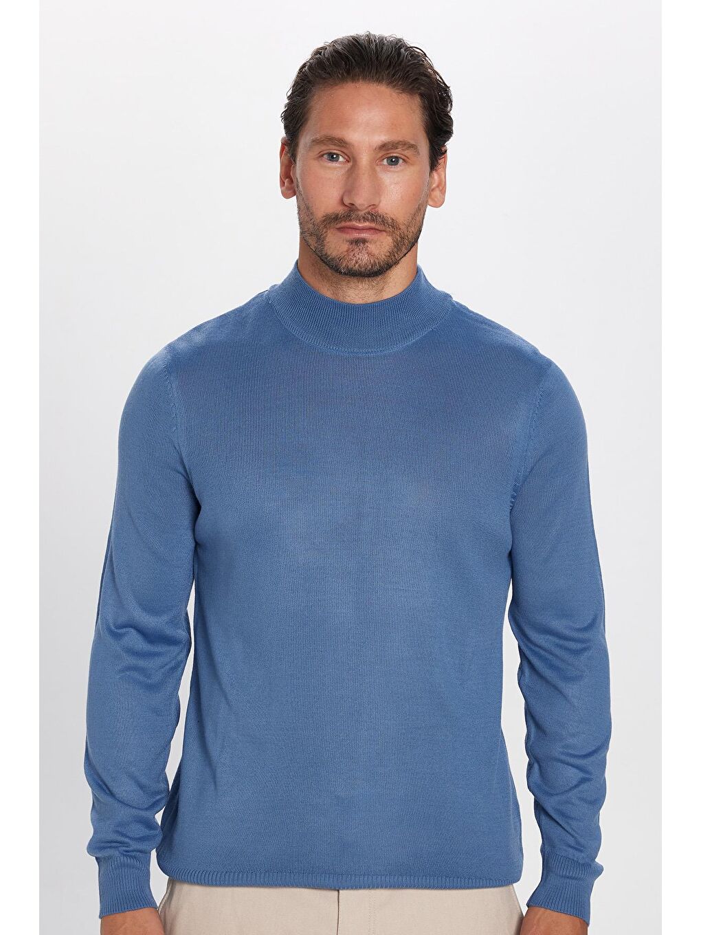 Erkek Standart Fit Normal Kesim Yarım Balıkçı Yaka Düz İndigo Triko Kazak-3