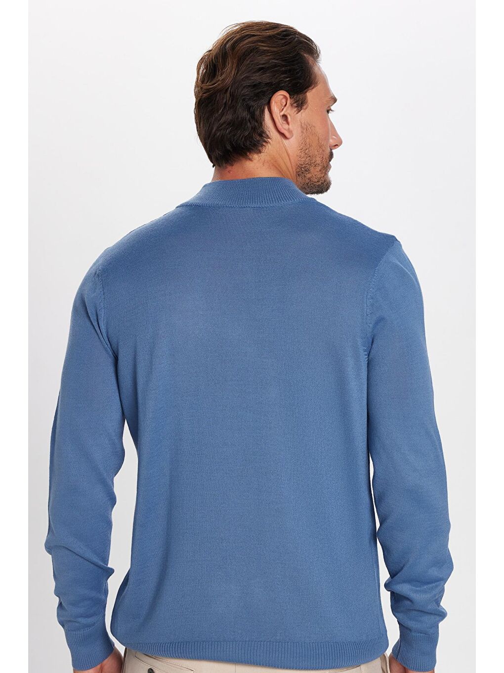 Erkek Standart Fit Normal Kesim Yarım Balıkçı Yaka Düz İndigo Triko Kazak-4