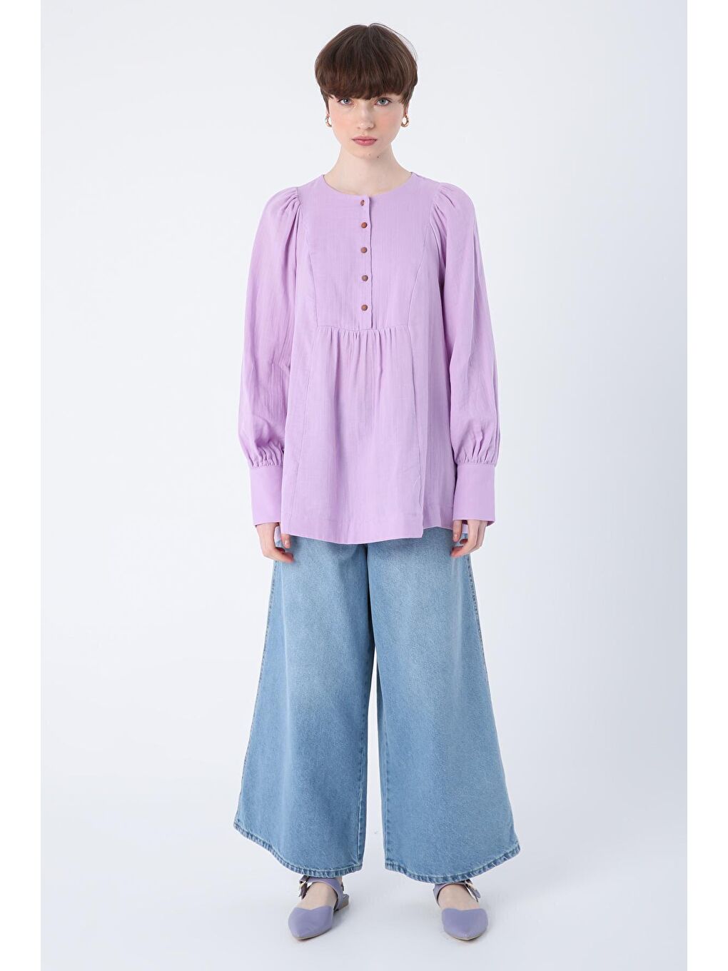 Koyu Lila Yarım Patlı Büzgülü %100 Pamuk Bisiklet Yaka Bluz-1