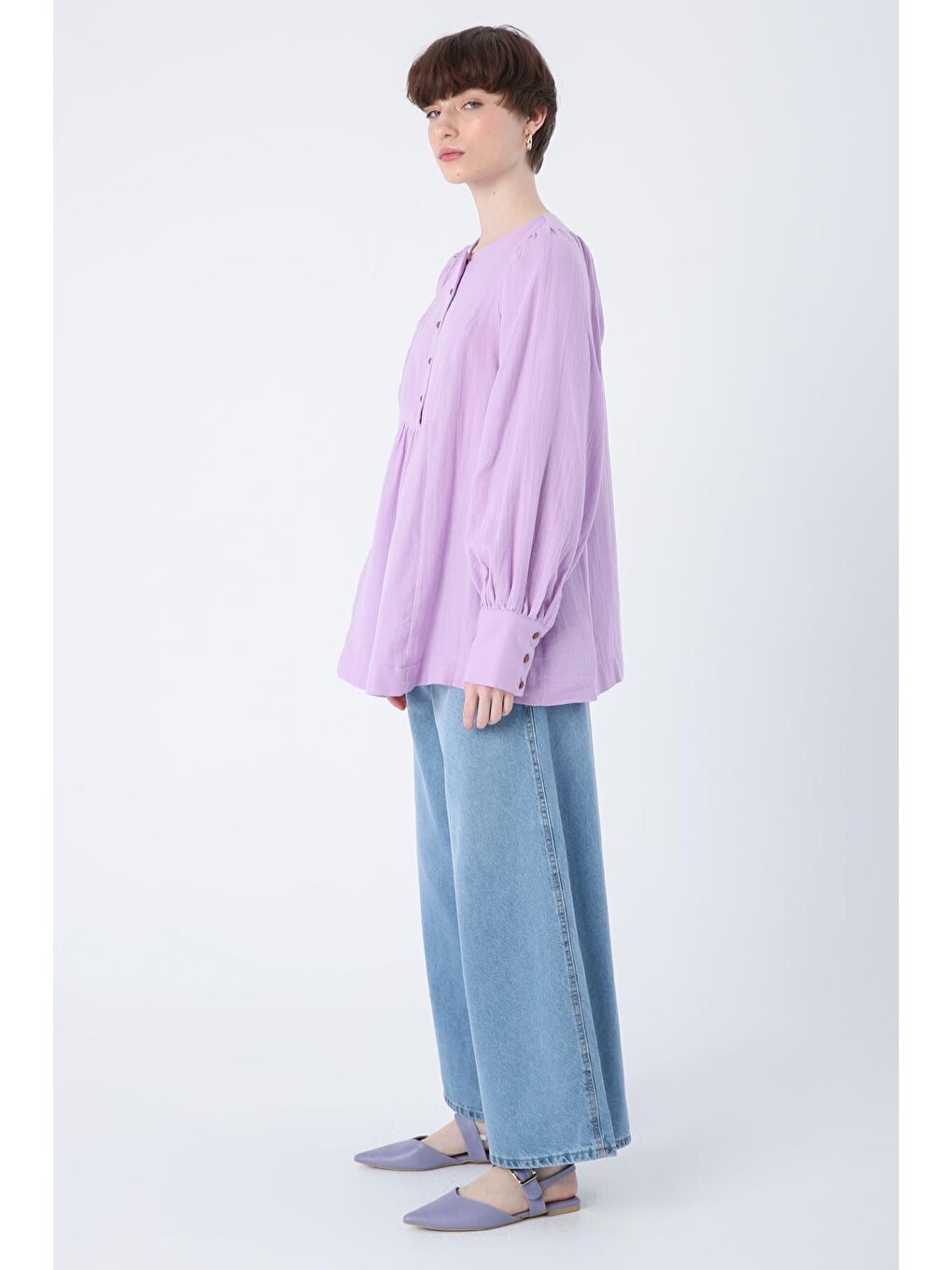 Koyu Lila Yarım Patlı Büzgülü %100 Pamuk Bisiklet Yaka Bluz-2