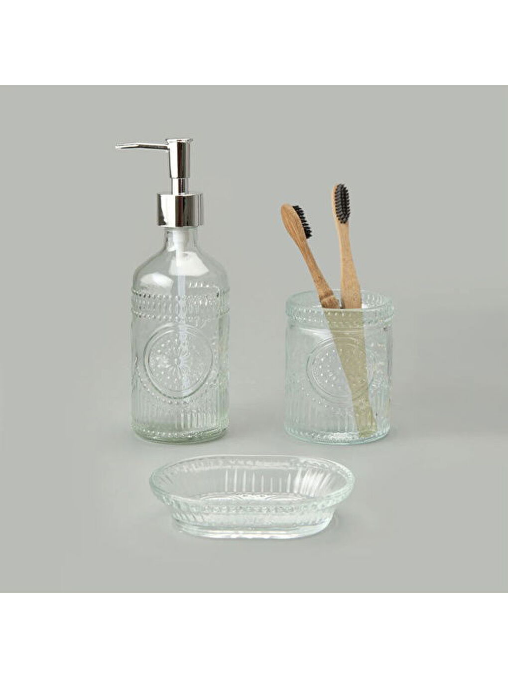 Renksiz Bath 3'lü Cam Banyo Sıvı Sabunluk Seti - Şeffaf