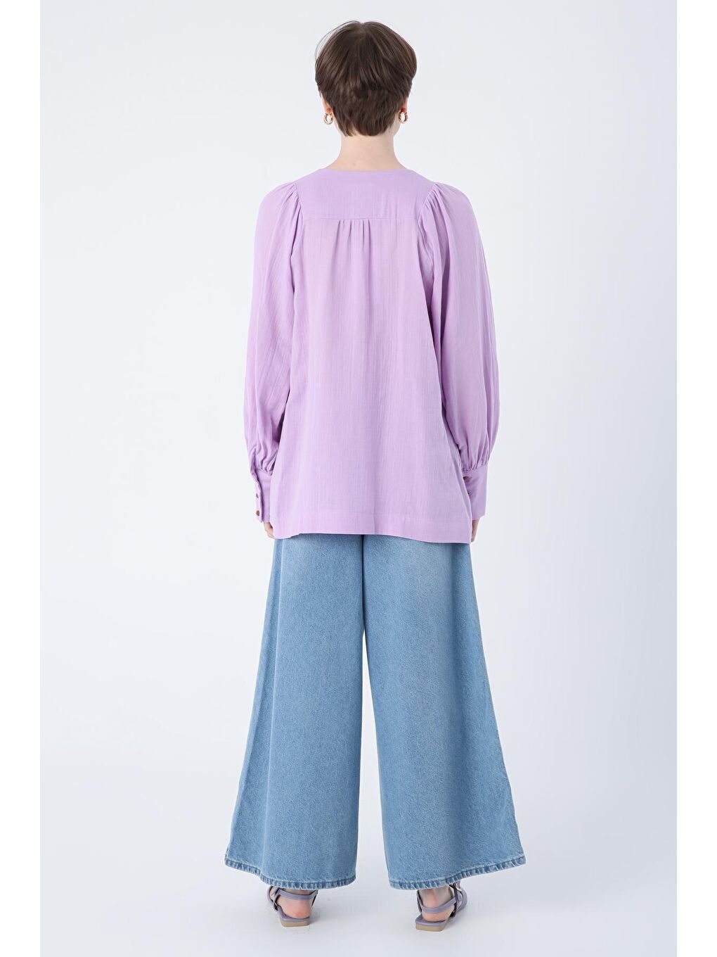 Koyu Lila Yarım Patlı Büzgülü %100 Pamuk Bisiklet Yaka Bluz-3