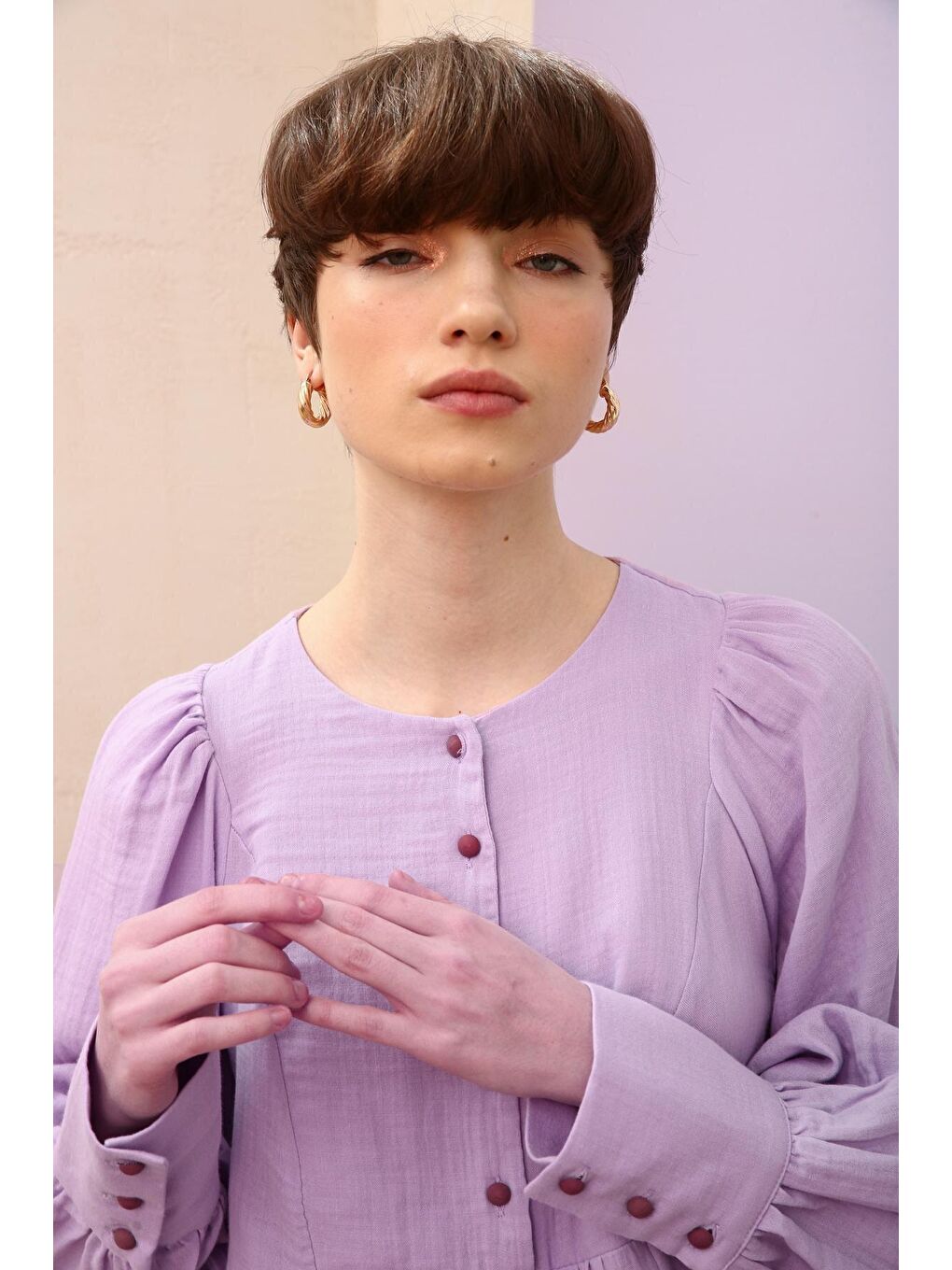 Koyu Lila Yarım Patlı Büzgülü %100 Pamuk Bisiklet Yaka Bluz-4