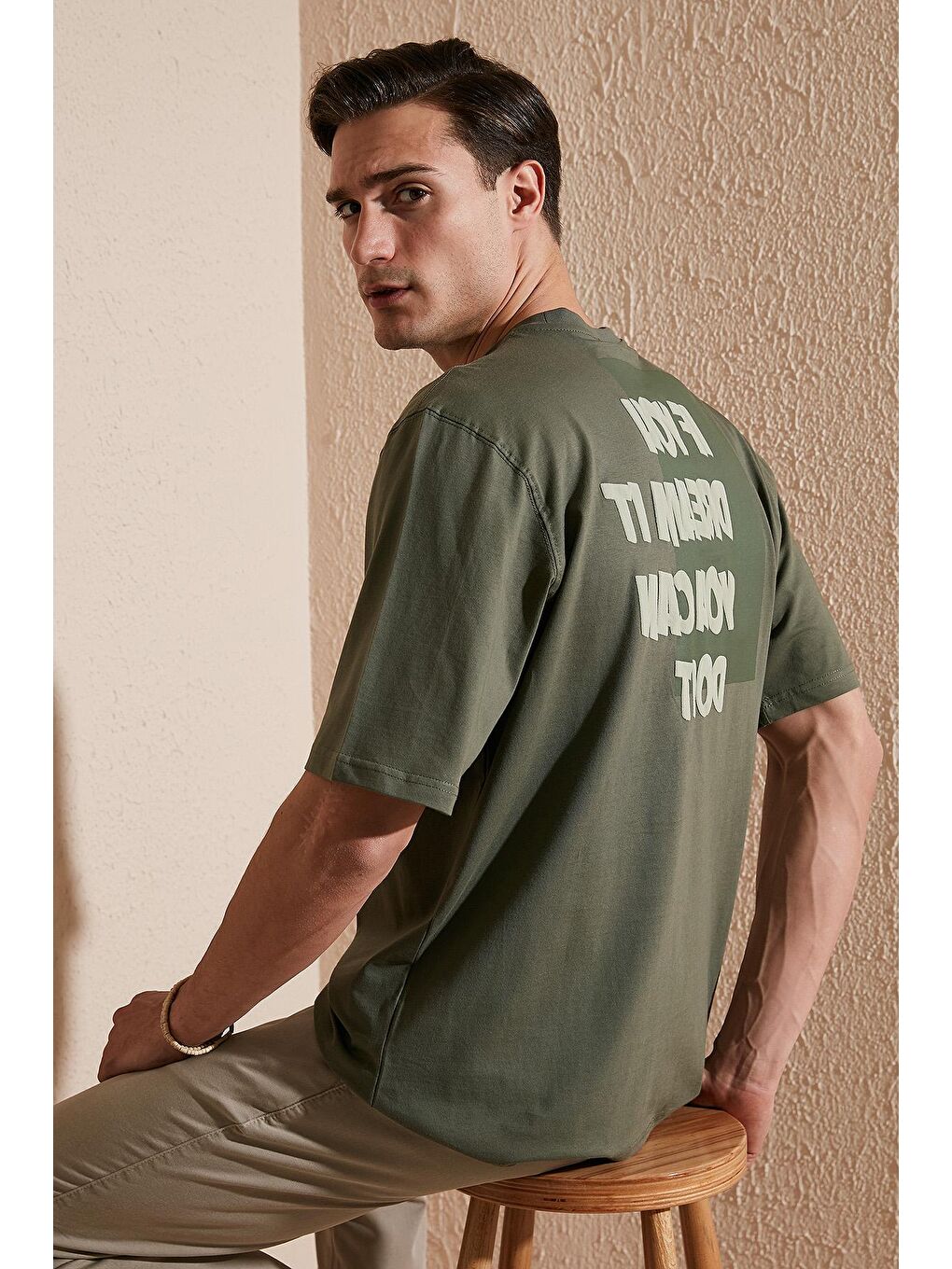 Haki % 100 Pamuk Baskılı Oversize Bisiklet Yaka Tişört 5902648