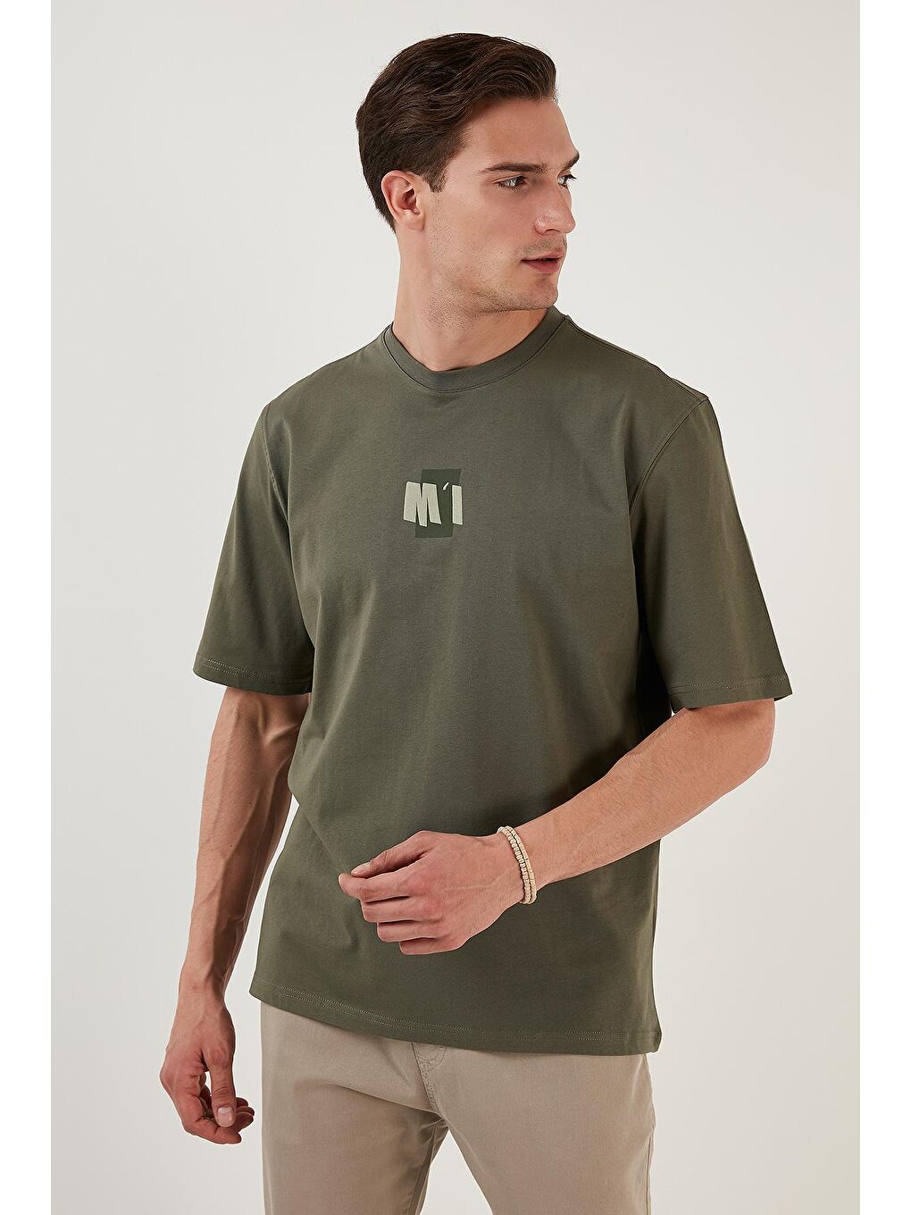 Haki % 100 Pamuk Baskılı Oversize Bisiklet Yaka Tişört 5902648-1