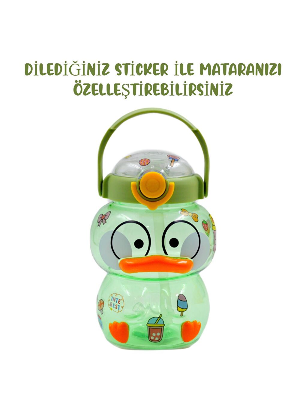 BottleBoss Pipetli Taşıma Askılı Sevimli Ördek Matara 1 Litre Sticker HEDİYELİ Yeşil - 4