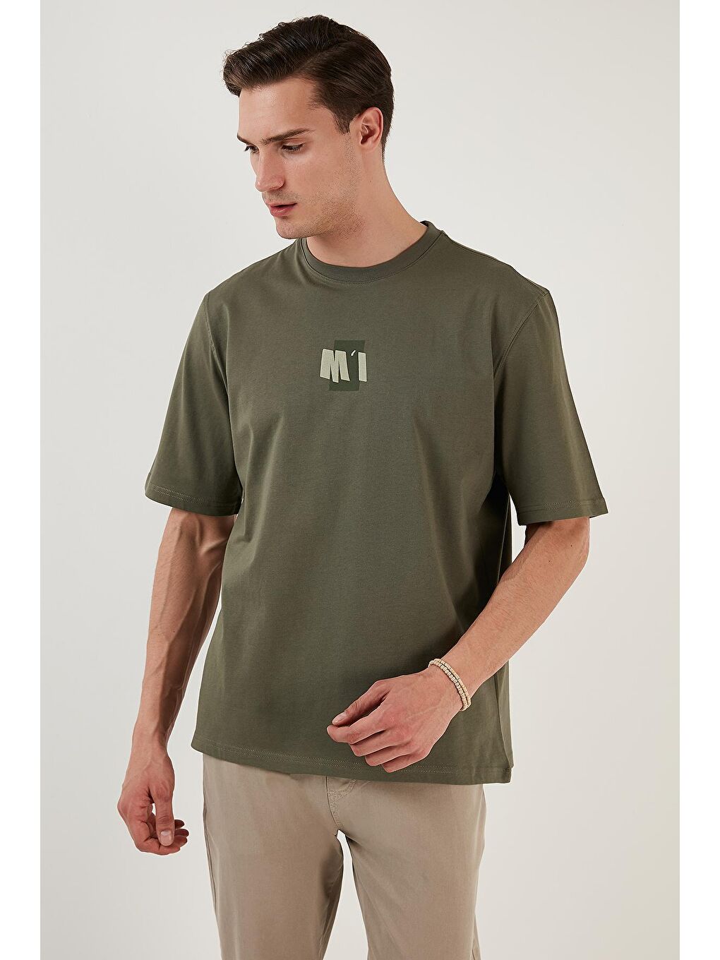 Haki % 100 Pamuk Baskılı Oversize Bisiklet Yaka Tişört 5902648-2