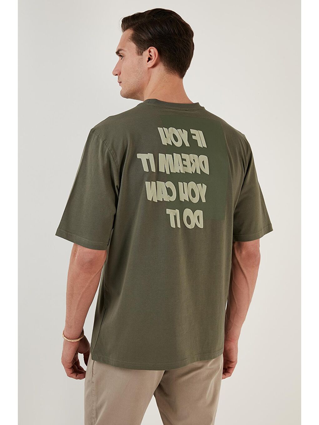 Haki % 100 Pamuk Baskılı Oversize Bisiklet Yaka Tişört 5902648-3