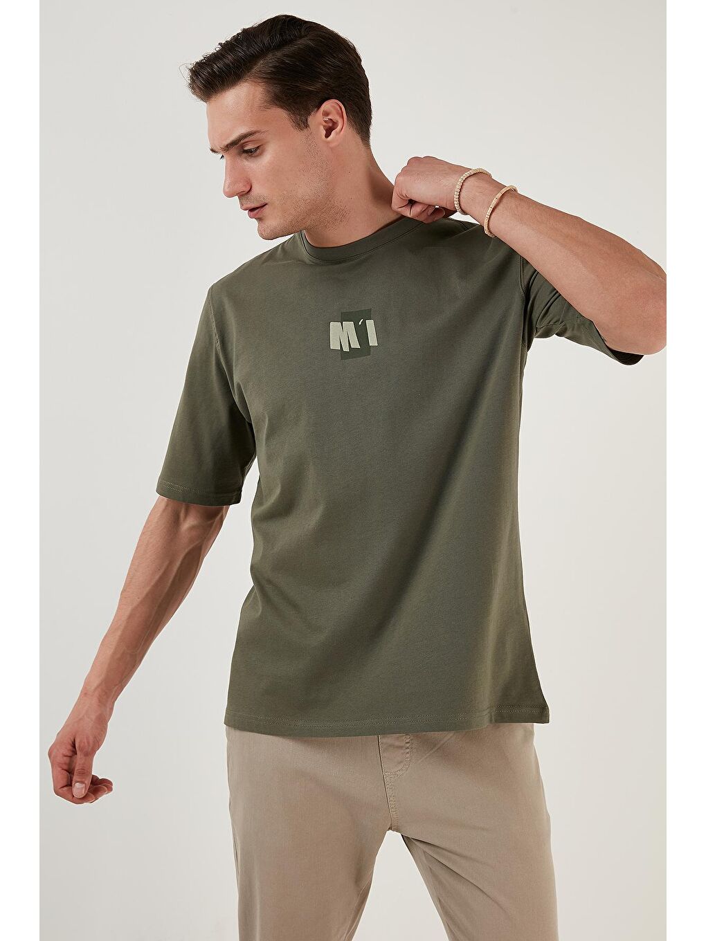 Haki % 100 Pamuk Baskılı Oversize Bisiklet Yaka Tişört 5902648-4