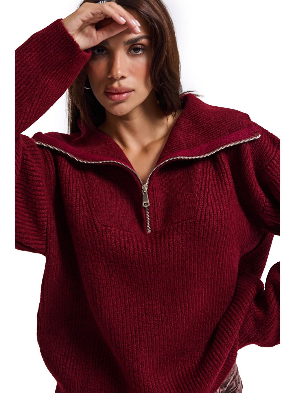 Kadın Bordo W6-35 Oversize Fermuarlı Triko Kazak-5