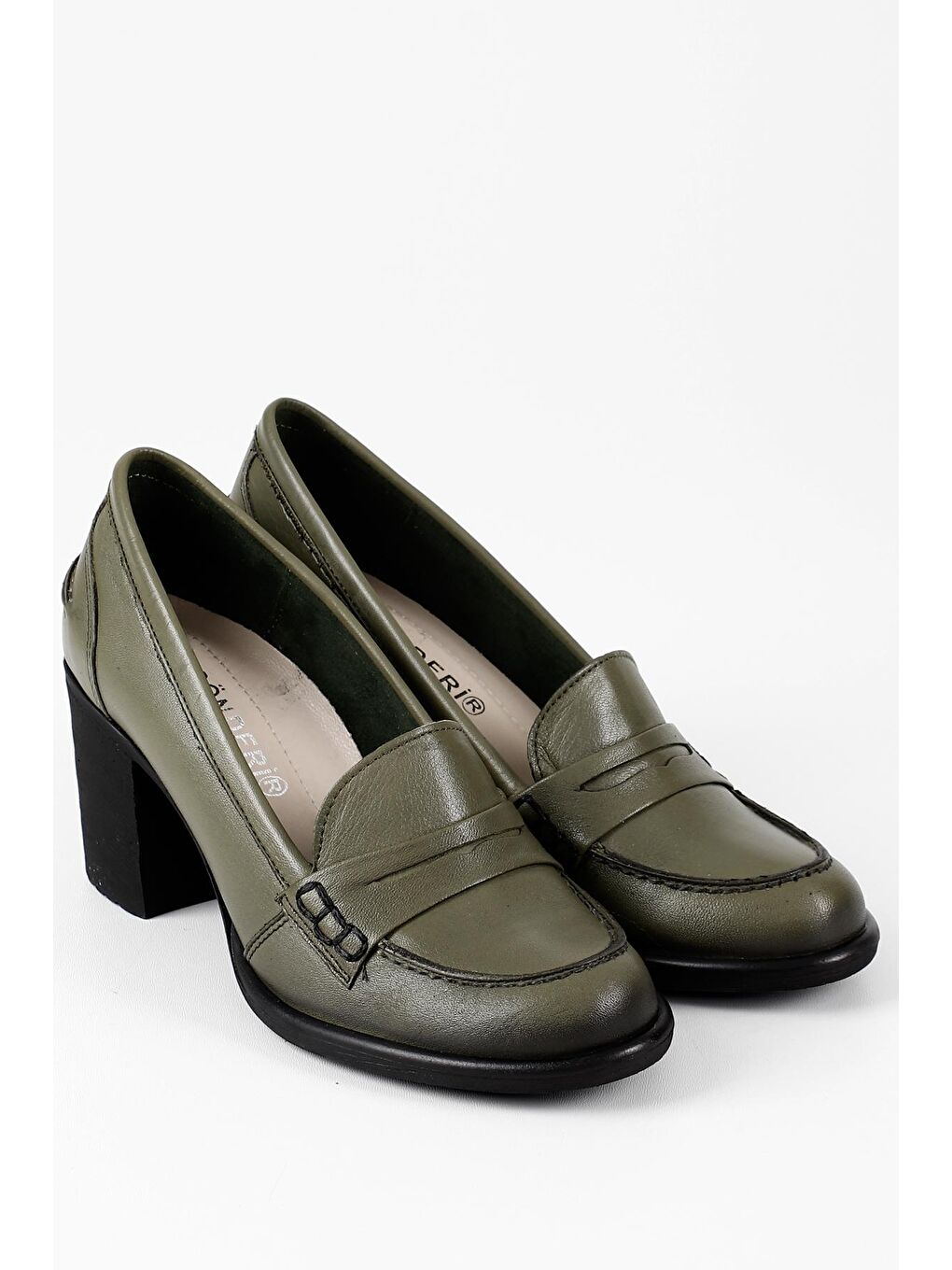 HAKİ  Hakiki Deri Yuvarlak Burun Kalın Orta Topuklu Kauçuk Taban Loafer Kadın Ayakkabı 24072-1