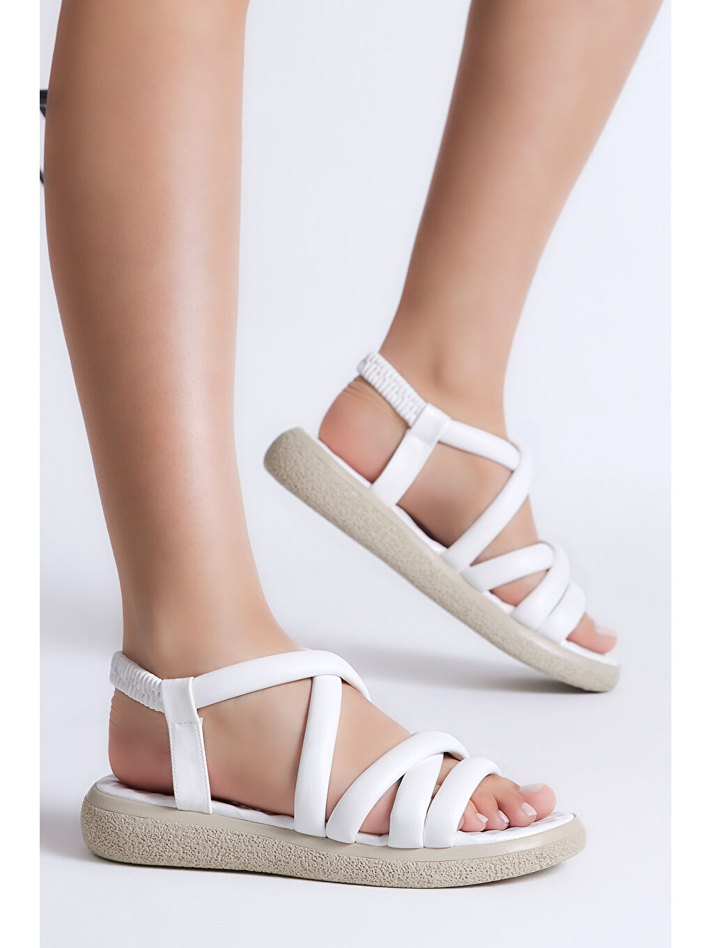 Kadın Beyaz Cilt İnce Bantlı Arkası Lastikli Sandalet-2