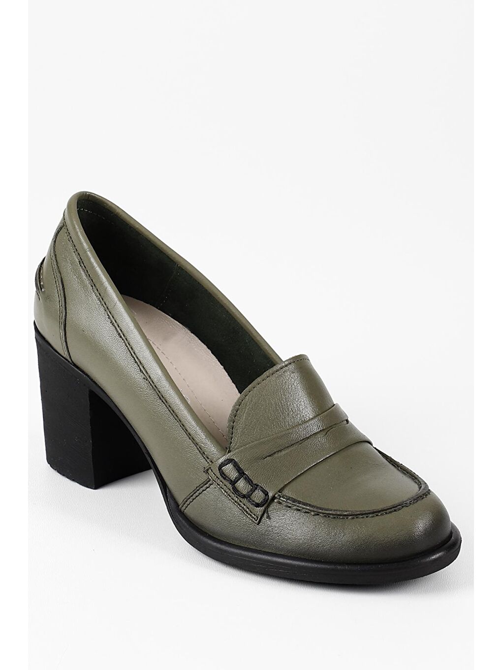 HAKİ  Hakiki Deri Yuvarlak Burun Kalın Orta Topuklu Kauçuk Taban Loafer Kadın Ayakkabı 24072-4