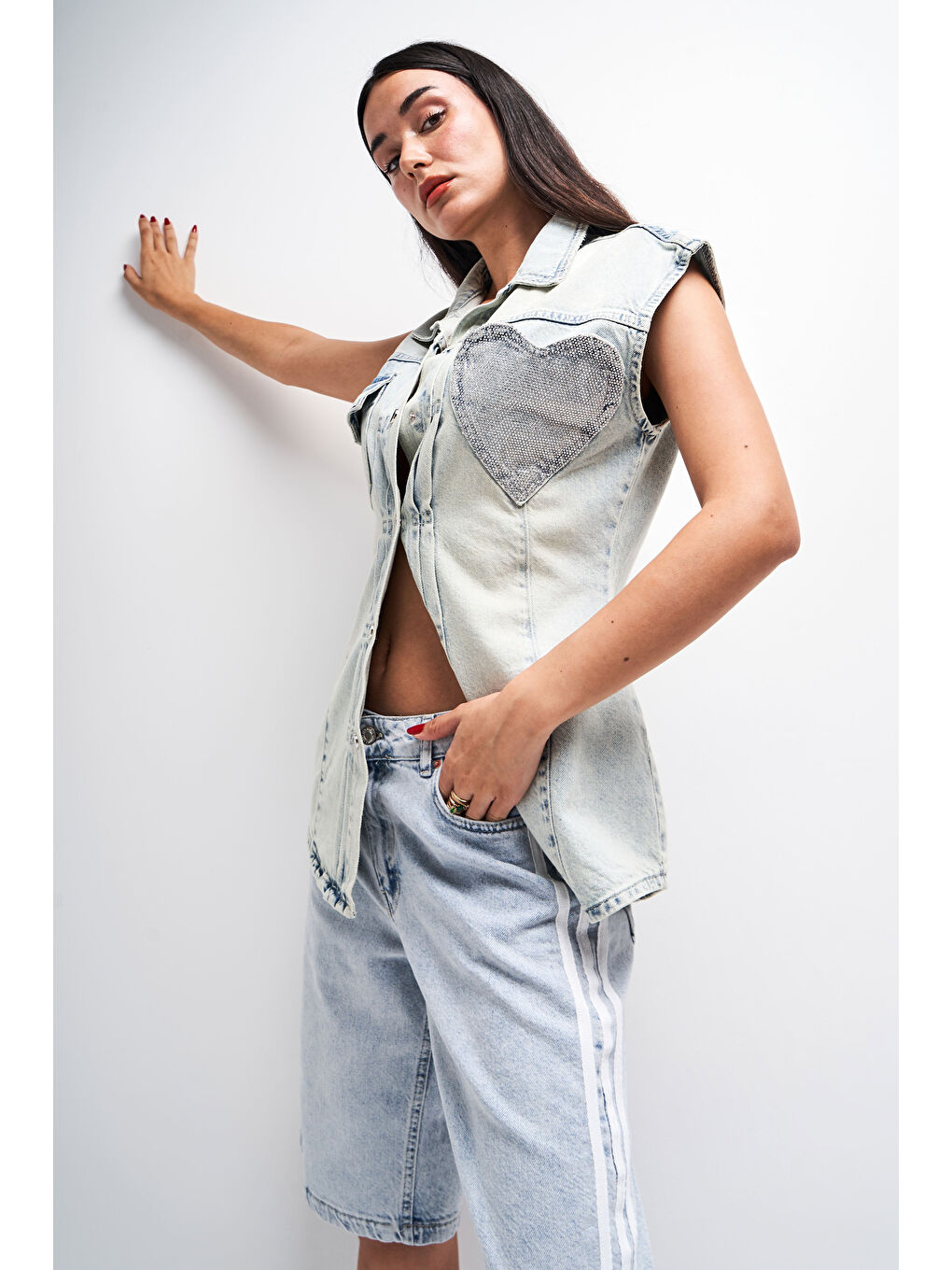 Mavi Kadın Tint Jean Rengi Parlak Taşlı Cep Detaylı Uzun Denim Yelek-2