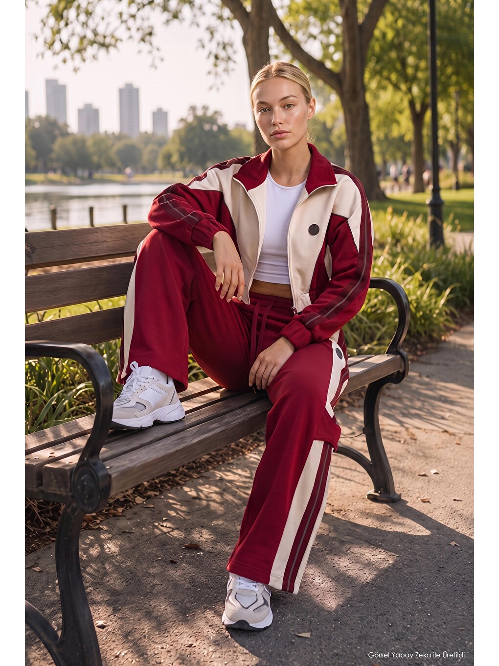 Kadın Bordo Bej W6-35 Crop Sweatshirt Eşofman Pantolon 2'li Tasarım Takım